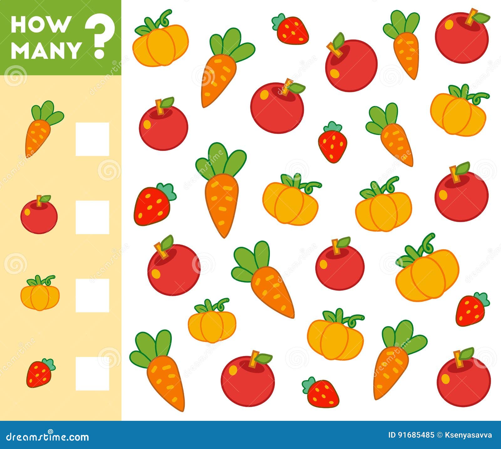 counting game for children. count how many fruits, vegetables