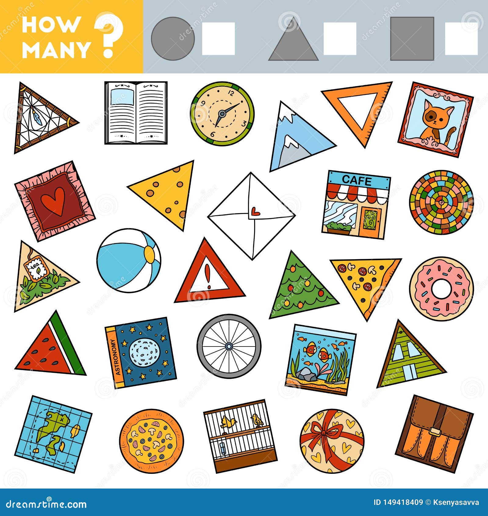 Counting Game for Children. Educational a Mathematical Game. Count How Many  Round, Square and Triangular Objects and Write the Stock Vector -  Illustration of estimate, geometry: 149418409