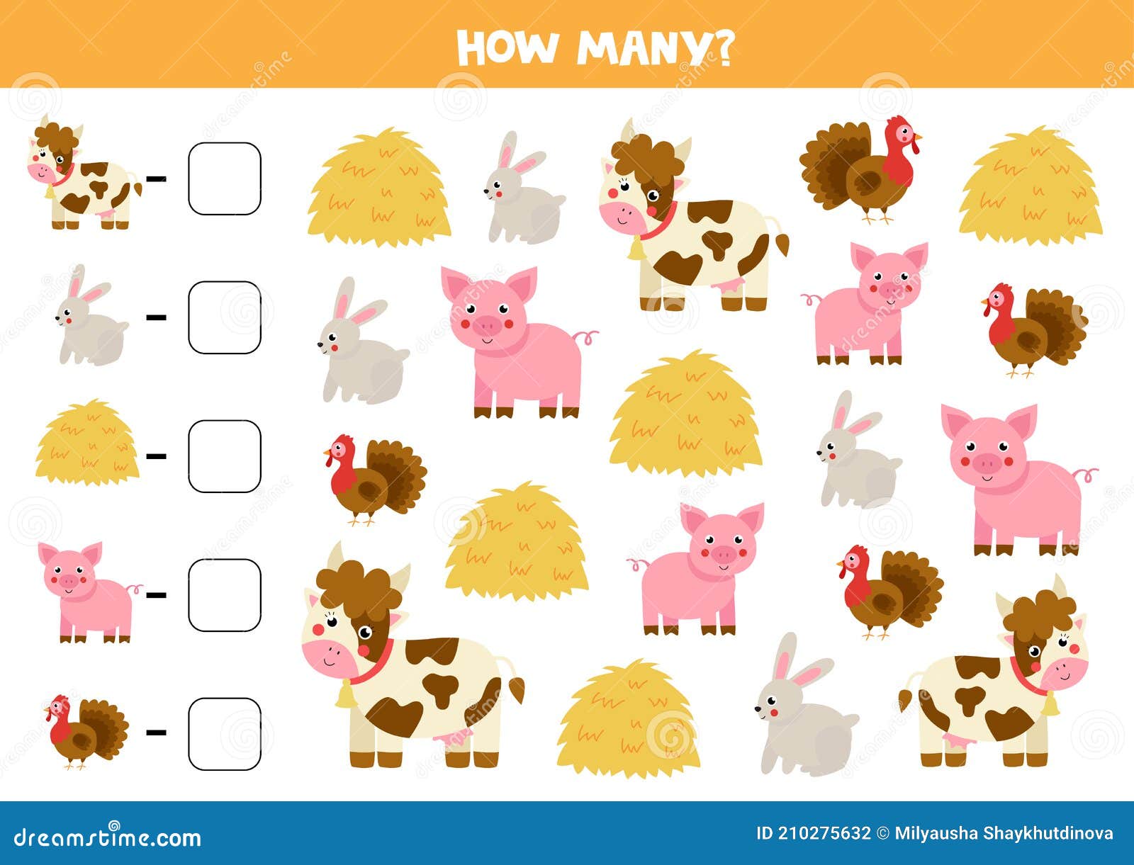 Counting Game with Hay and Farm Animals. Math Worksheet Stock Vector - Illustration of educational, learning: 210275632 Counting Game with Hay and Farm Animals. Math Worksheet Stock Vector - Illustration of educational, learning: 210275632