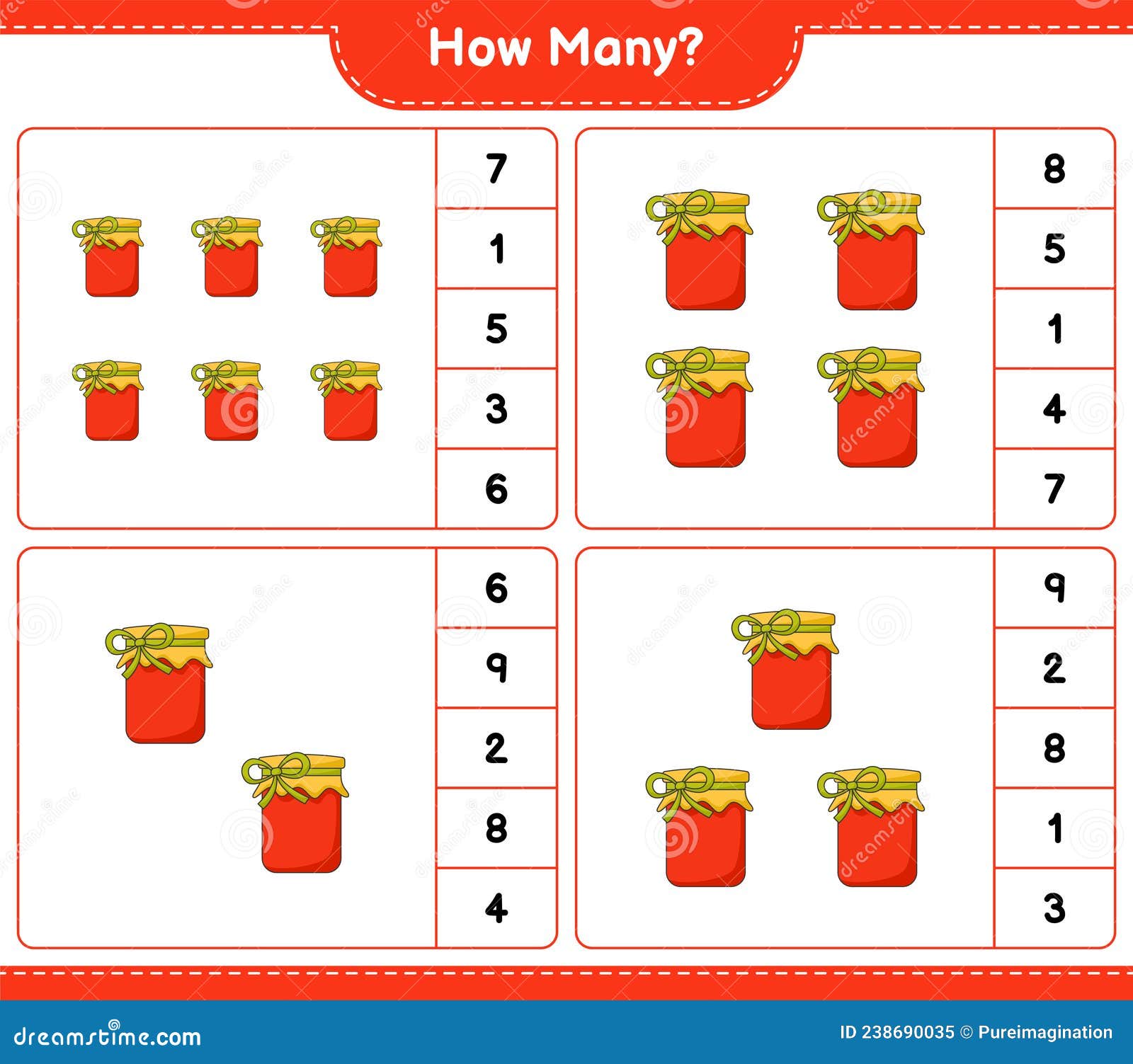 Counting Game, How Many Jam. Educational Children Game, Printable