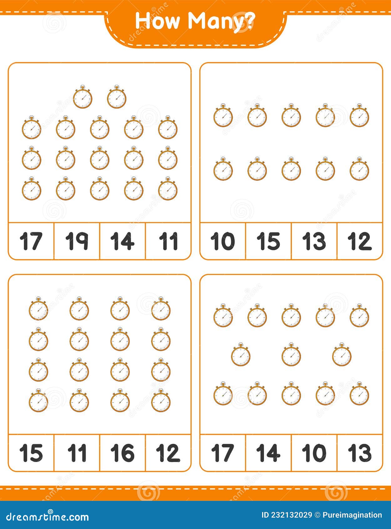 Counting Game, How Many Stopwatch. Educational Children Game, Printable
