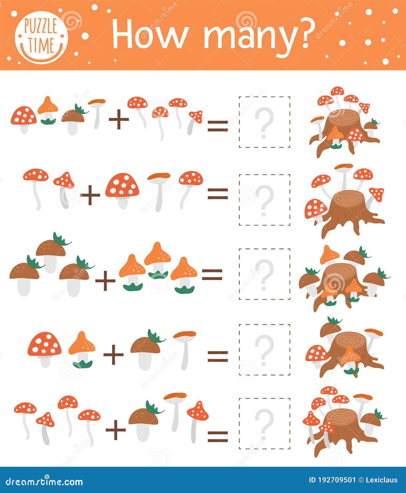 Counting Game with Mushrooms and Tree Stump. Autumn Activity for Preschool Children. Fall Season Math Worksheet Stock Vector - Illustration of count, game: 192709501 Counting Game with Mushrooms and Tree Stump. Autumn Activity for Preschool Children. Fall Season Math Worksheet Stock Vector - Illustration of count, game: 192709501
