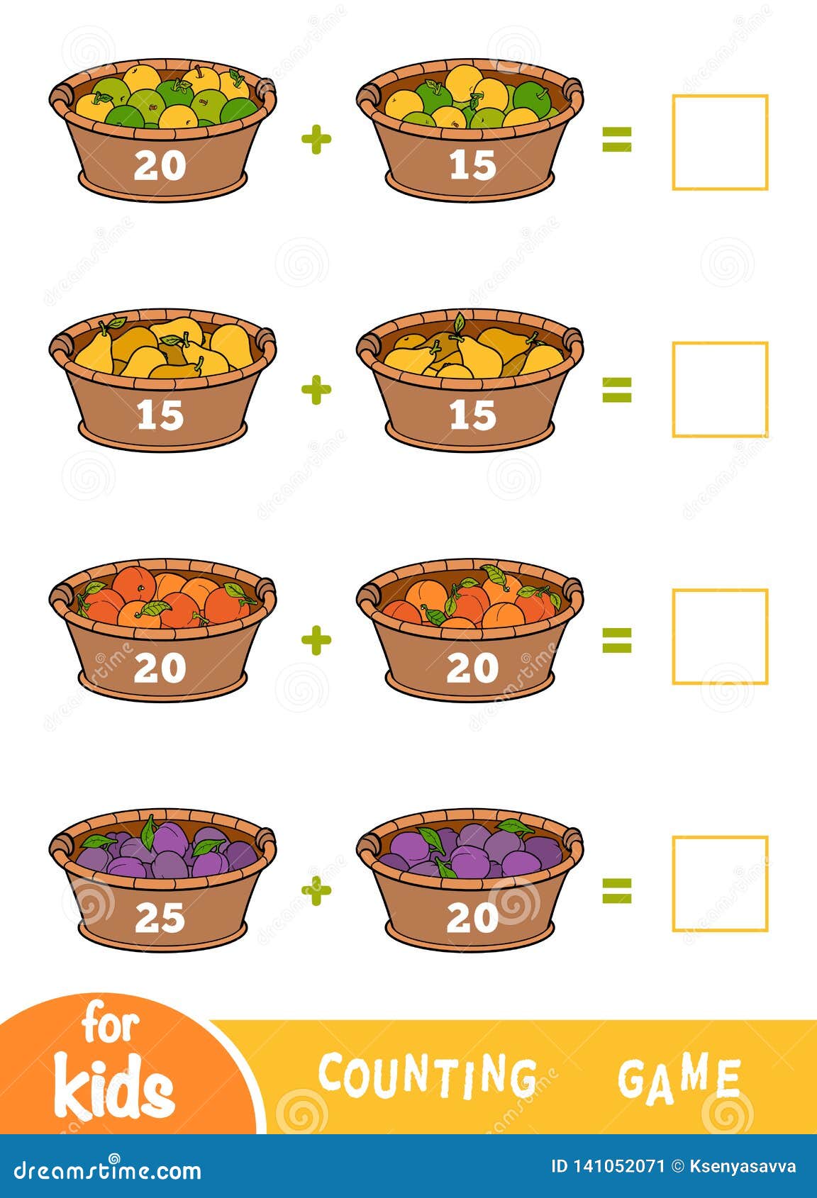 counting game for preschool children. addition worksheets. fruit baskets