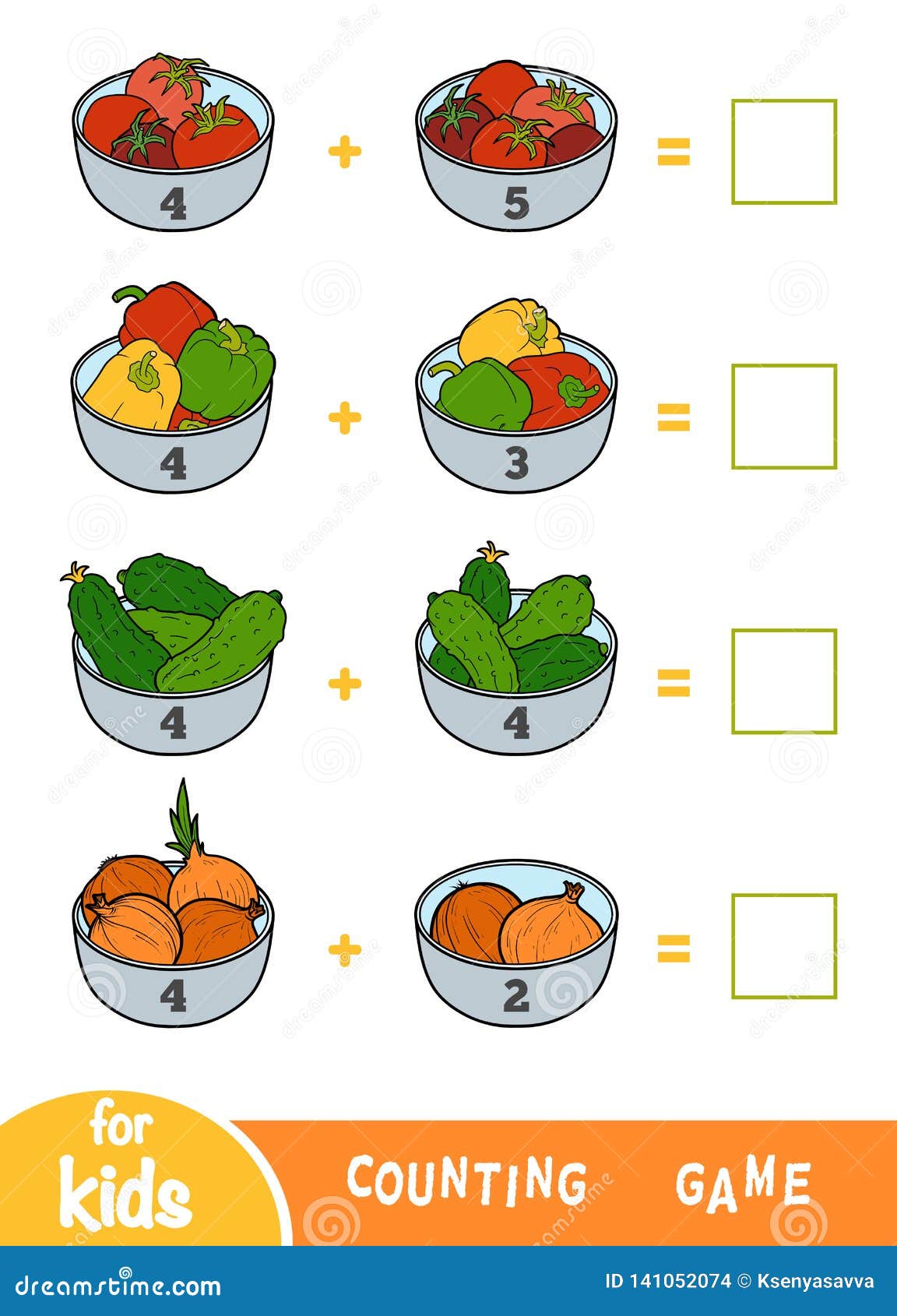 counting game for preschool children. addition worksheets. vegetable bowls