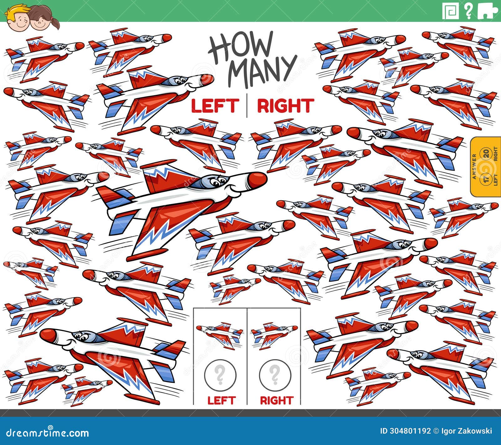 counting left and right pictures of cartoon jet fighter plane