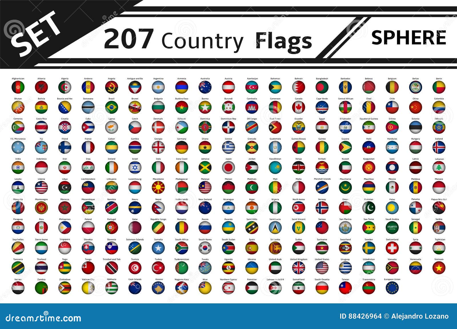 207 countries flags sphere 