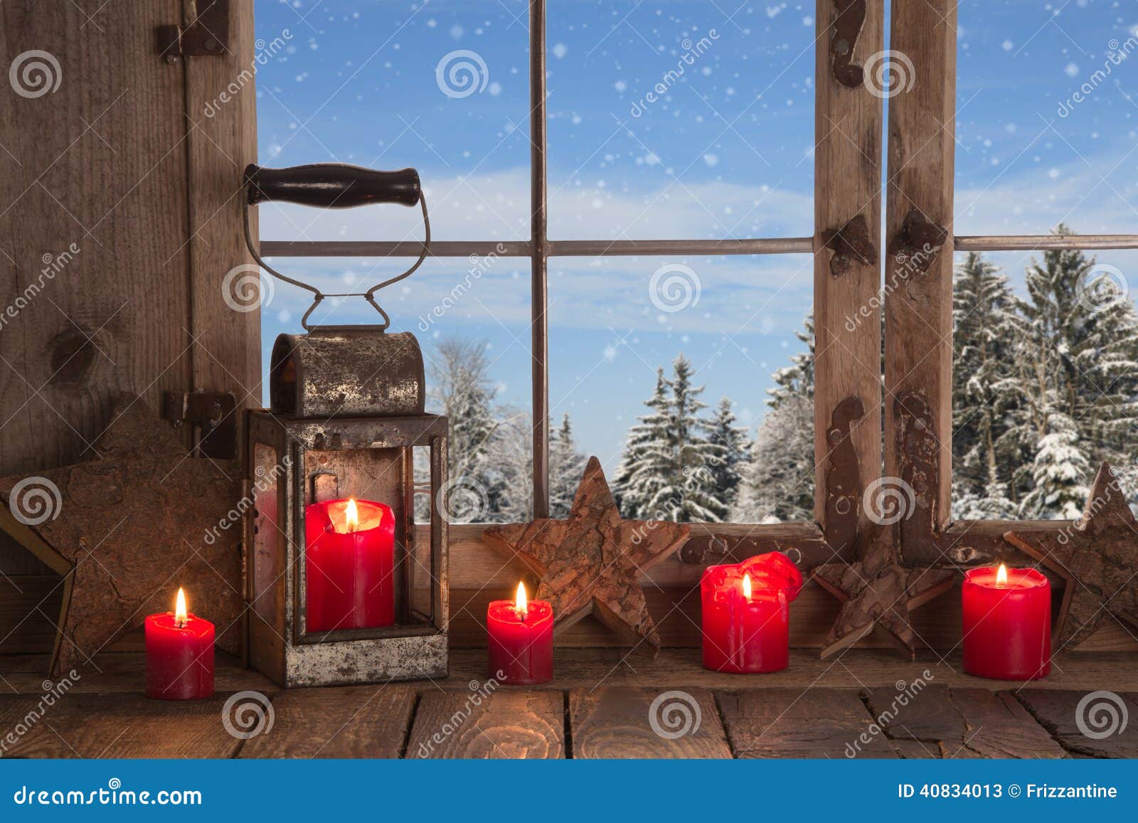 Country Christmas Decoration: Wooden Window Decorated with Red C Stock ...