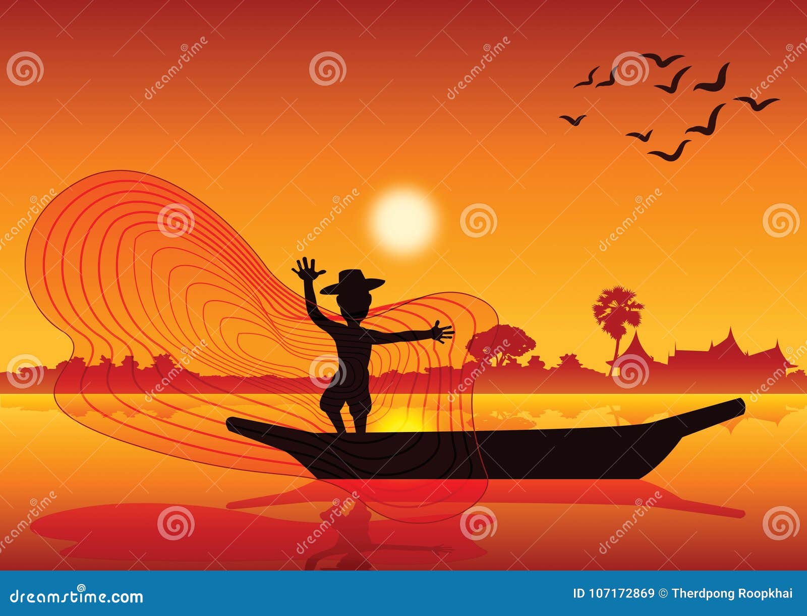 Country Life,man Throw Fish Net To Catch Fish on Boat in Pond La Stock  Vector - Illustration of asia, morning: 107172869