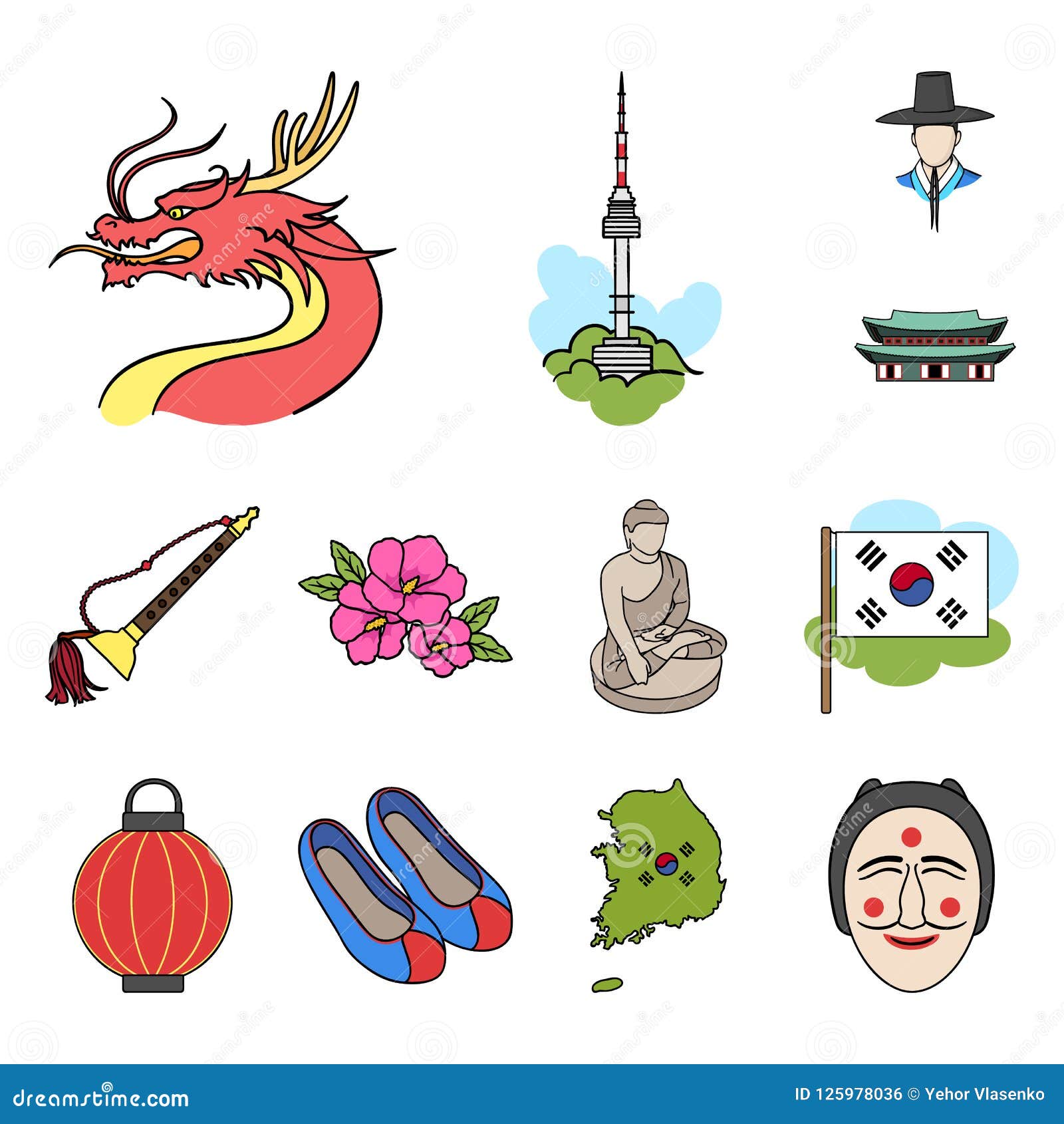 Country South Korea Cartoon Icons in Set Collection for  and  Attraction Vector Symbol Stock Web Stock Vector - Illustration of icon,  animal: 125978036