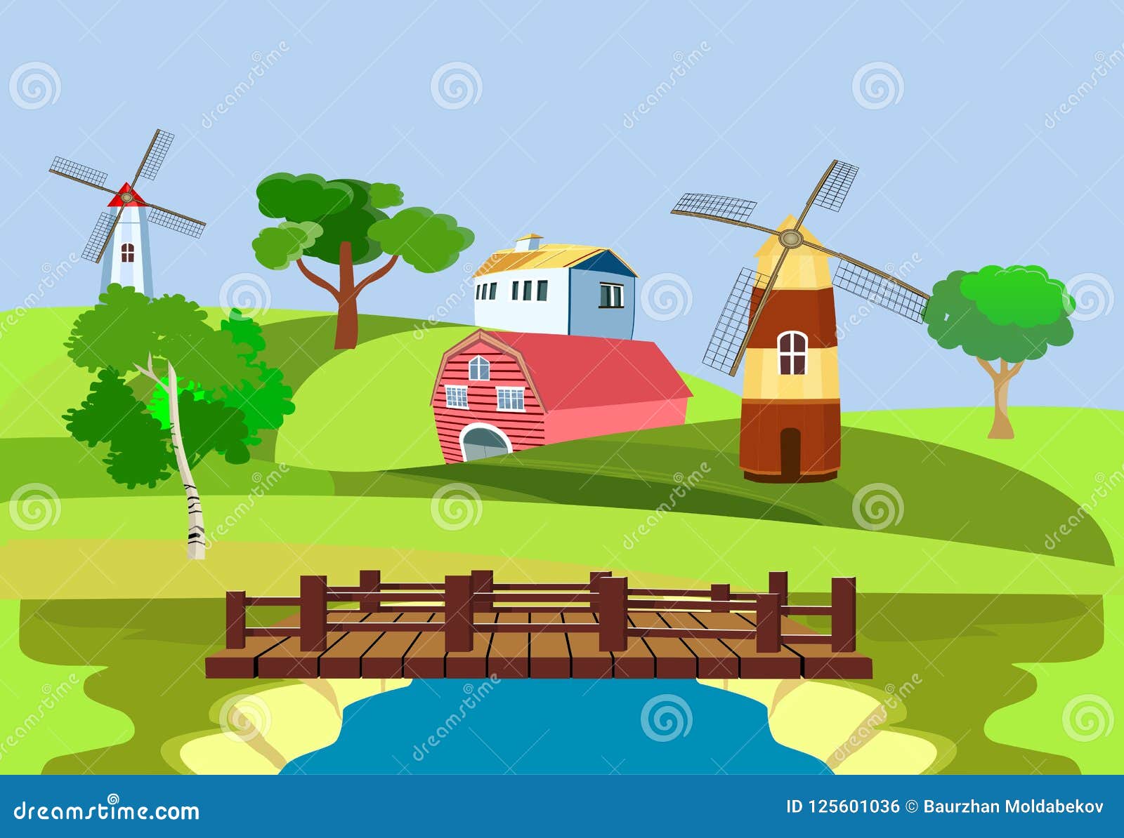 Download Countryside View, Green Hills,Farm Houses And Mills ...