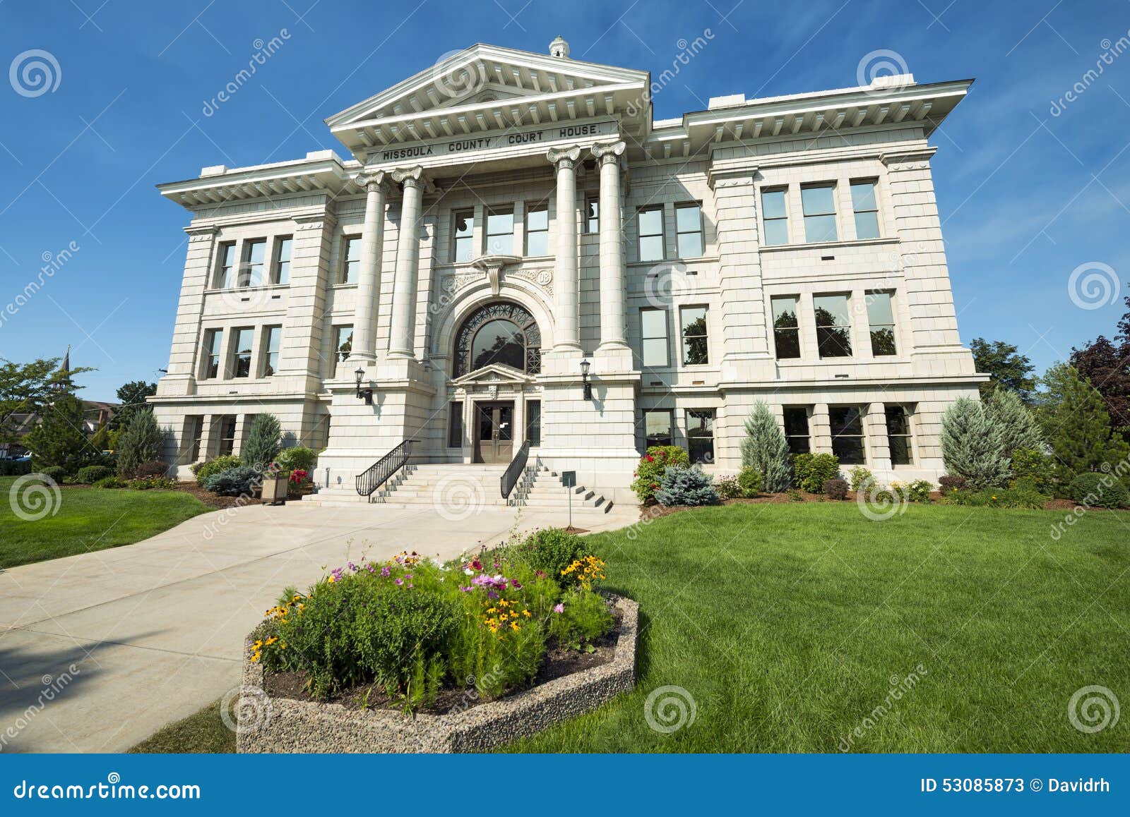 county courthouse in missoula, montana with flowers