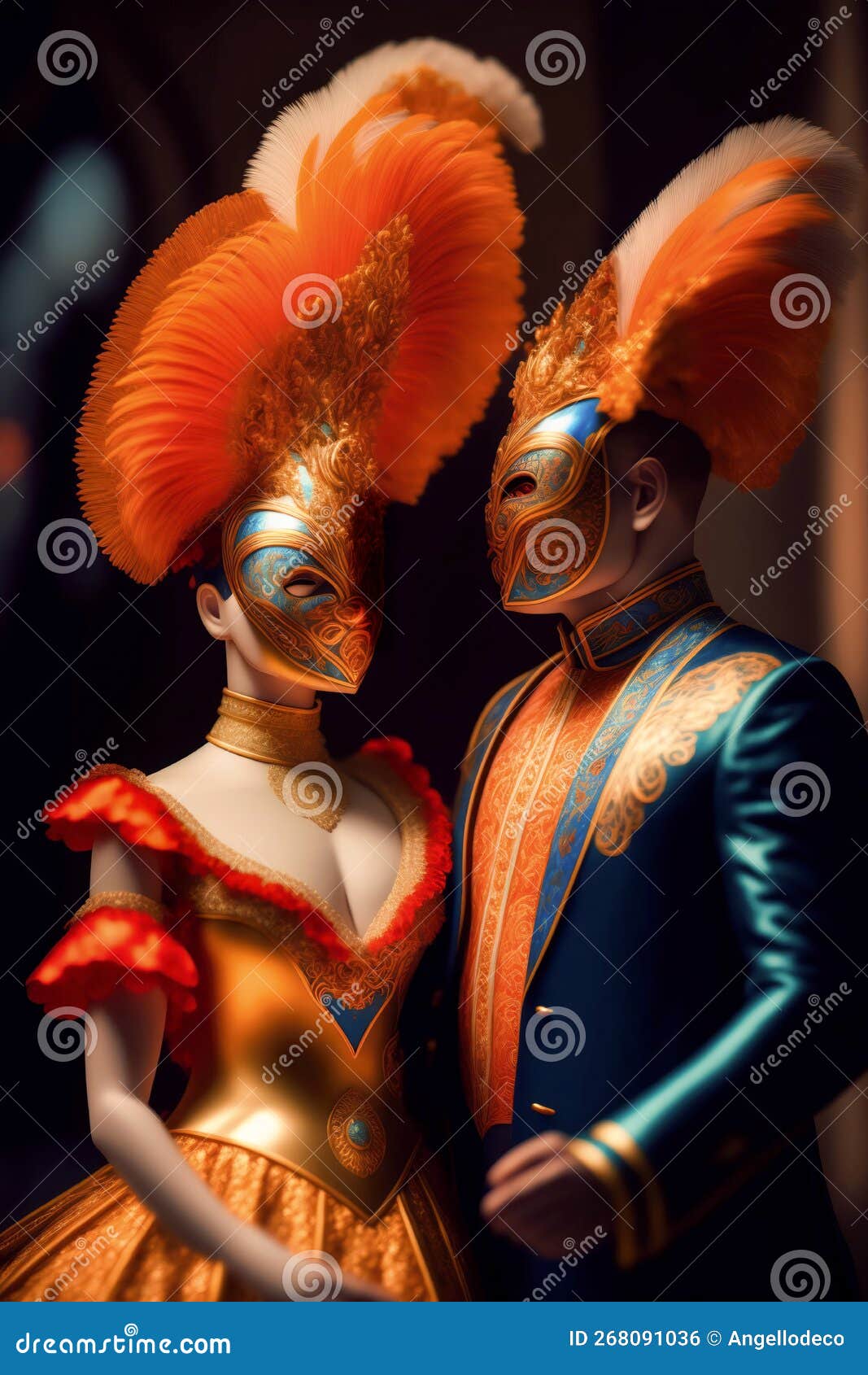Portrait D'un Couple Femme Et Homme En Costume Traditionnel De Carnaval  Vénitien Avec Masque Et Ornements Ai Générative