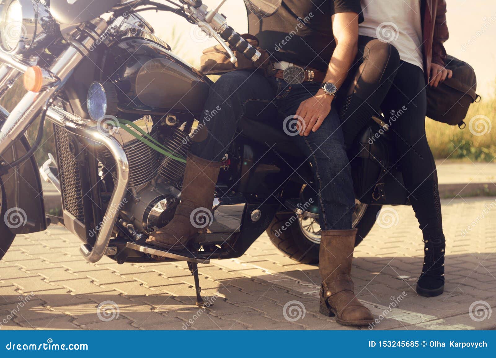 Couple on the Background of the Field Stands Near the Motorcycle. Traveling  on Bikes. Lifestyle, Travel Stock Image - Image of field, legs: 153245685