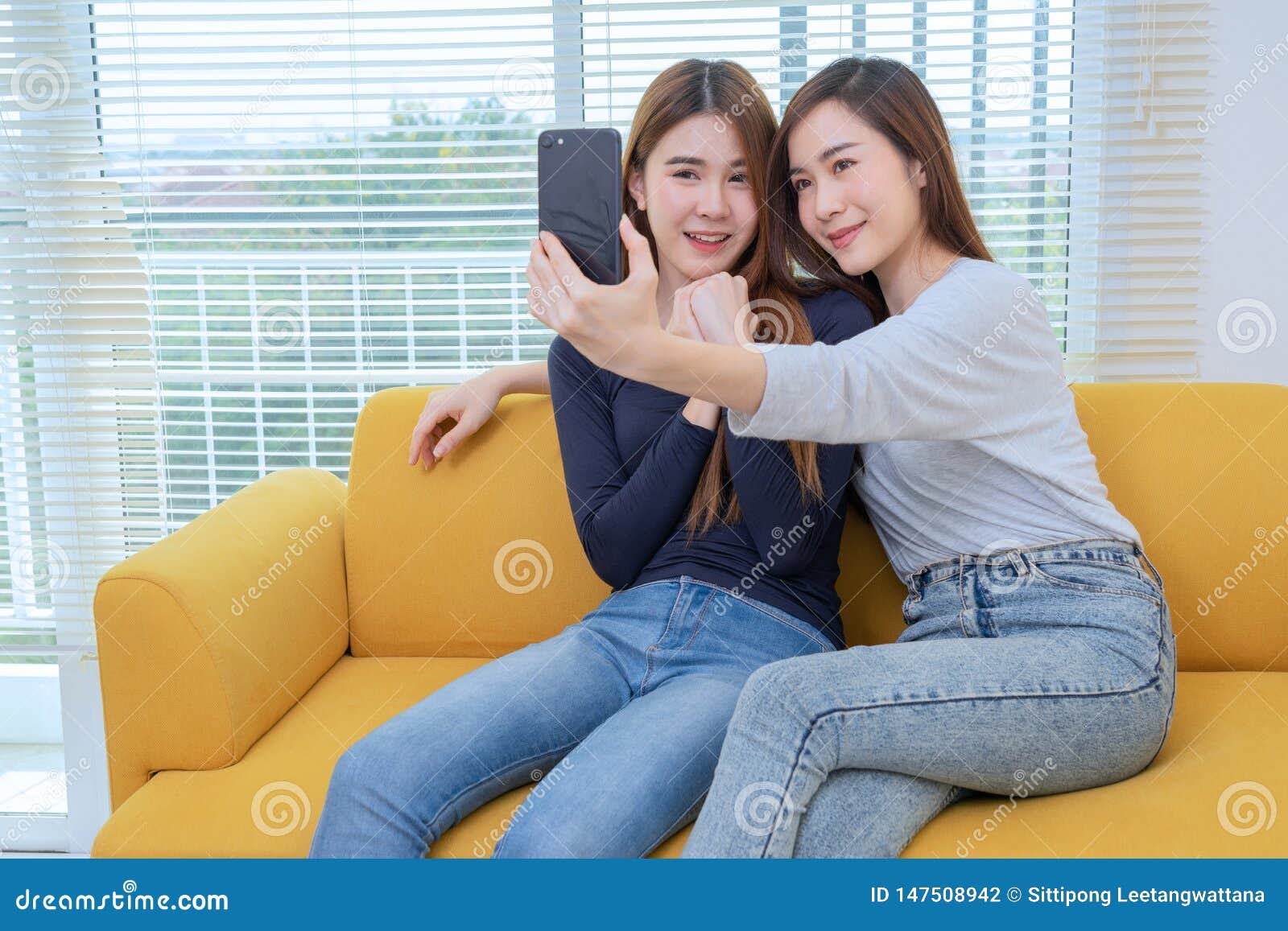 A Couple Of Beautiful Asian Woman Take Photo While Smiling Same Sex Young Married Female Couple 