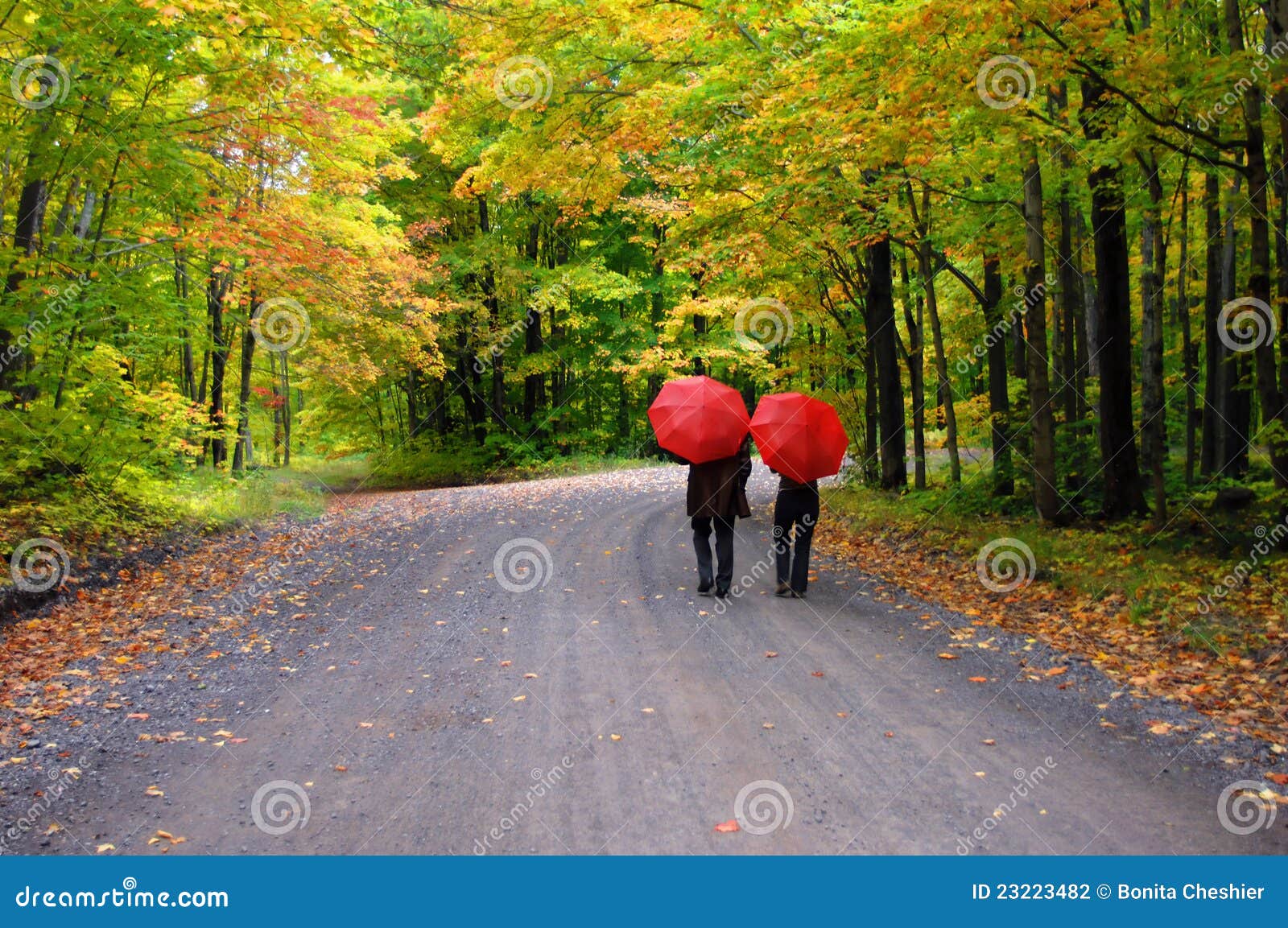 couple beneath red umbrellas