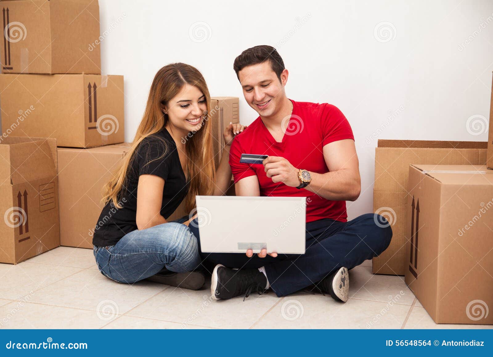Couple Buying Furniture Online Stock Photo Image Of Cardboard