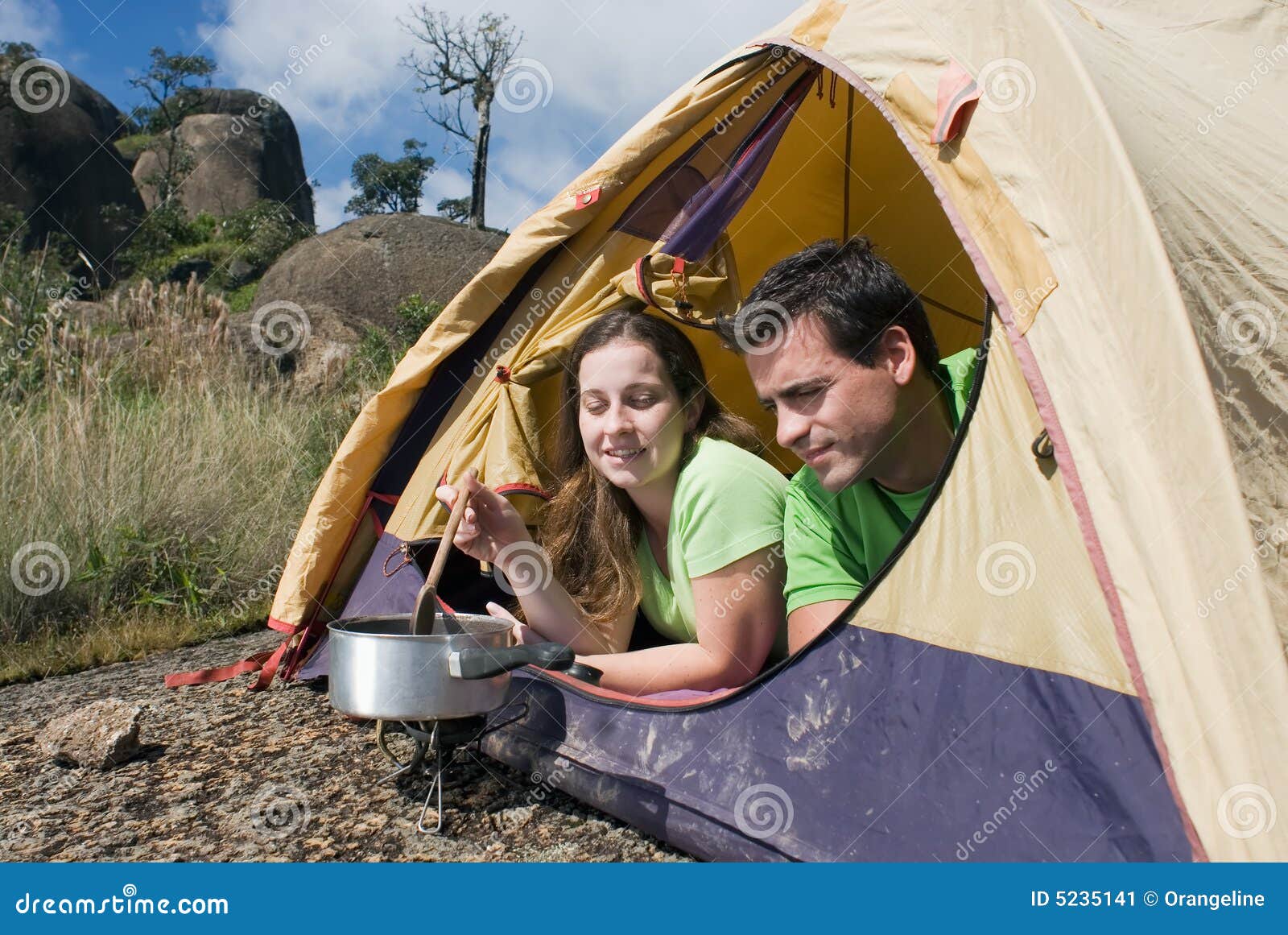 Couple Camping In Tent, Cooking Stock Image Image of blue, outdoors