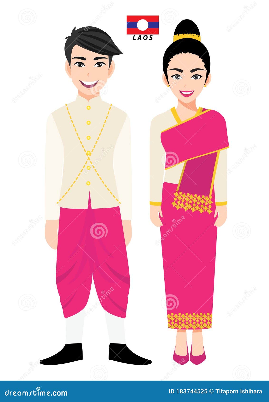 Couple of Cartoon Characters in Laos Traditional Costume Vector Stock ...
