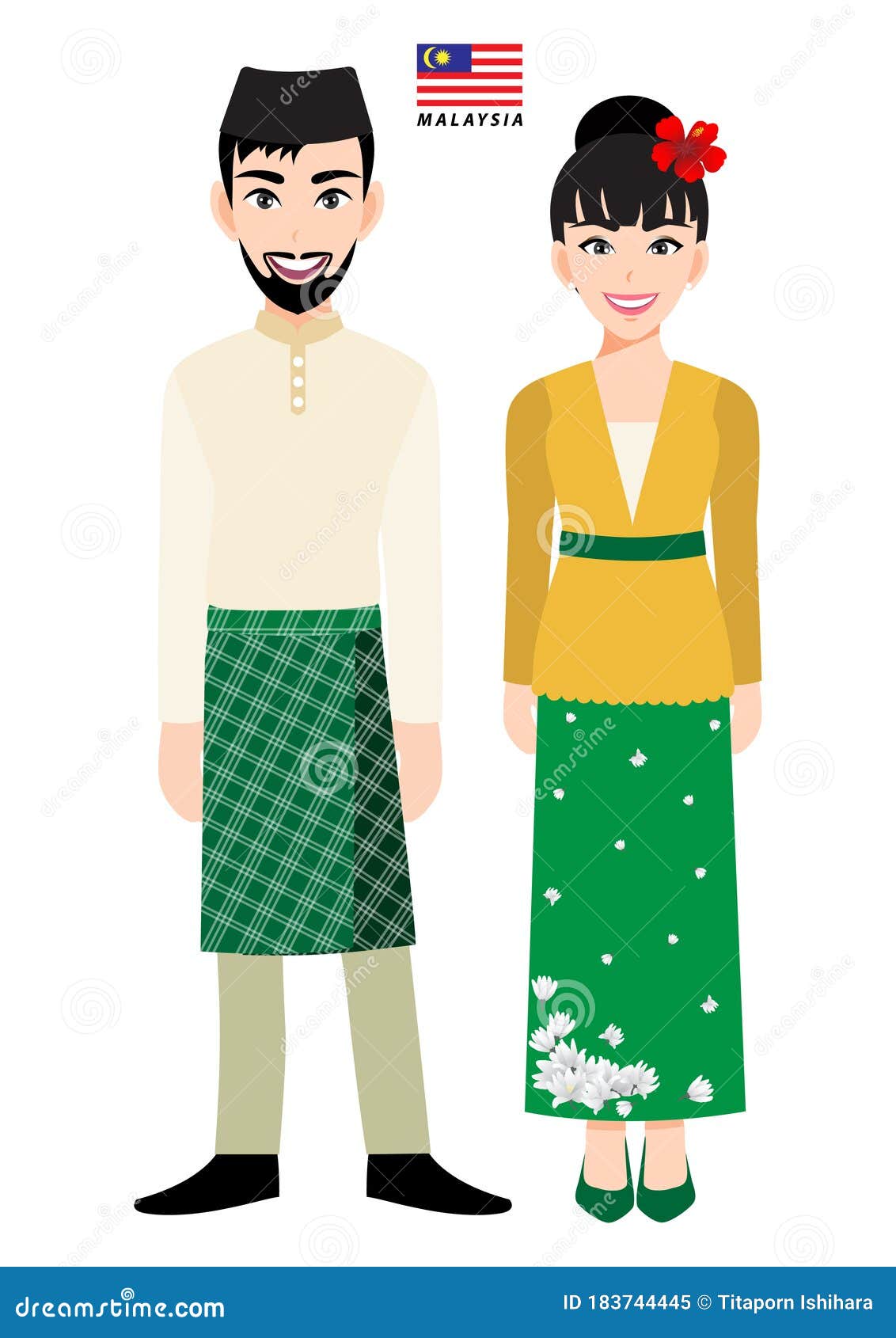 Couple of Cartoon Characters in Malaysia Traditional Costume Vector