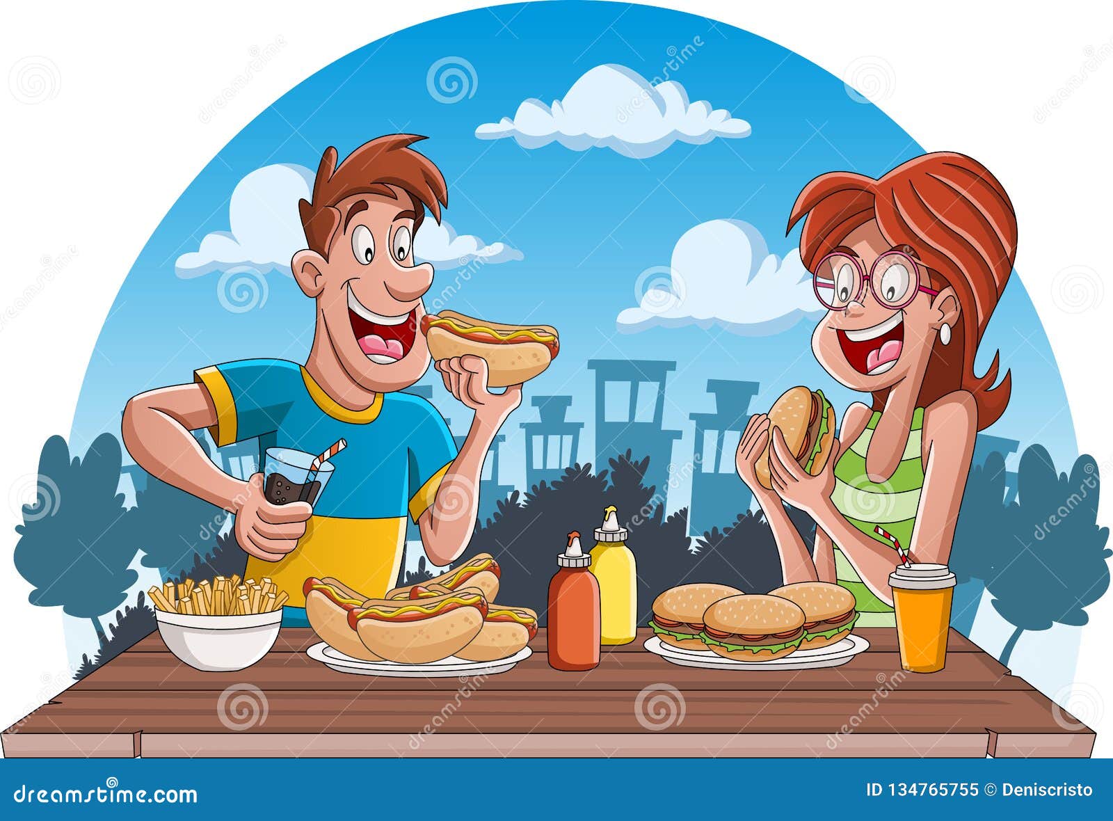 Couple of Cartoon People Eating Junk Food. Stock Vector - Illustration of  outdoors, girl: 134765755