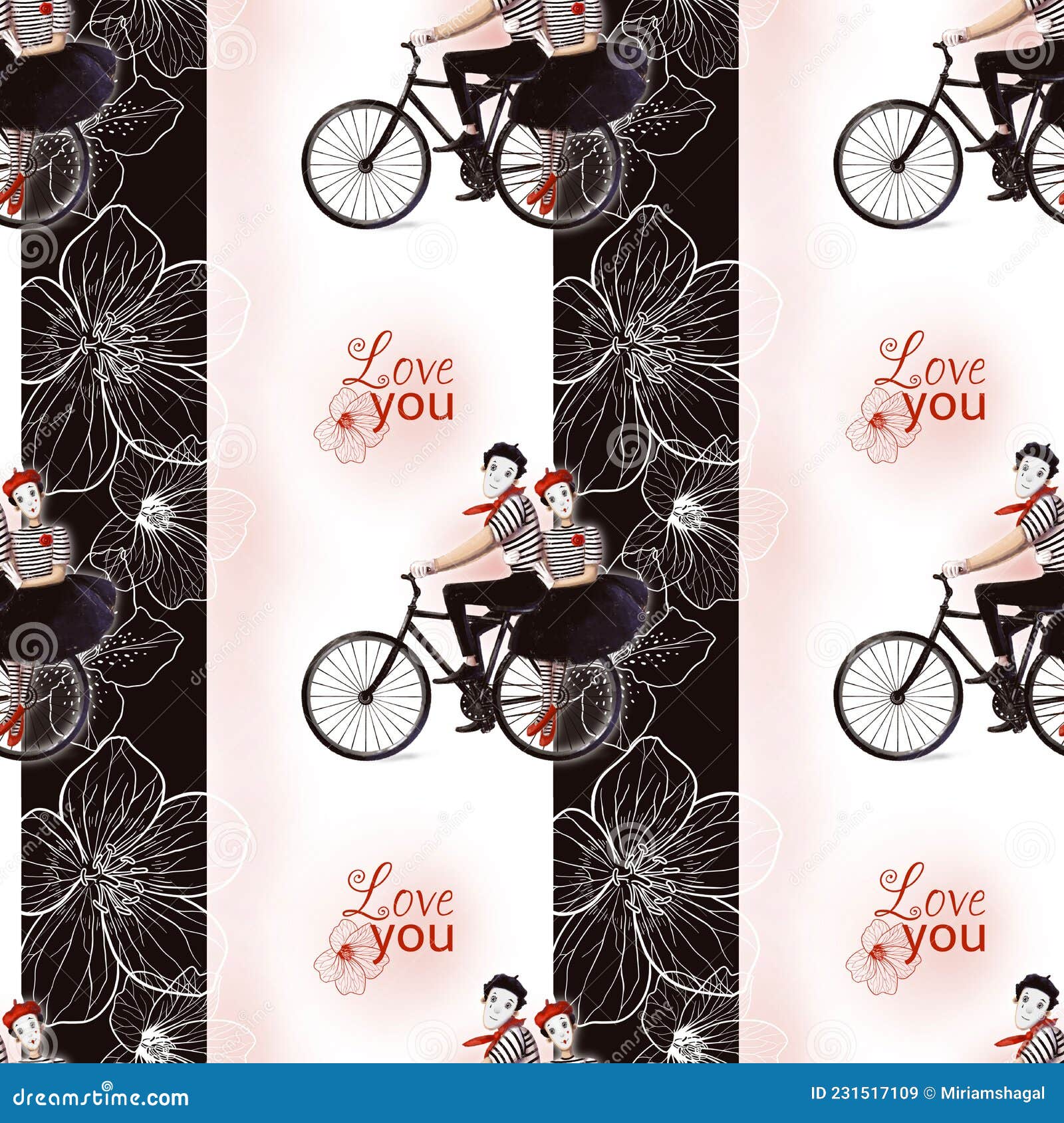 Couple Clown Mime Riding Bicycle Seamless Pattern, Watercolor Style  Wallpaper, Background with Cartoon Character Stock Illustration -  Illustration of invitation, cute: 231517109