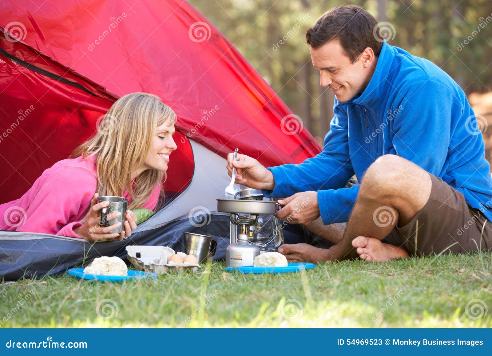 Couple Cooking Breakfast on Camping Holiday Stock Image Image of