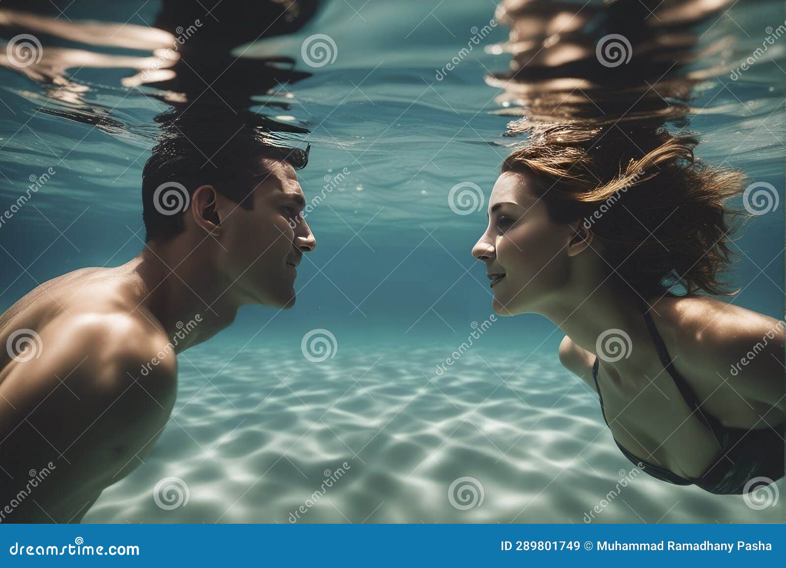 Couple Dreamlike Situation Underwater. Floating Under Water with