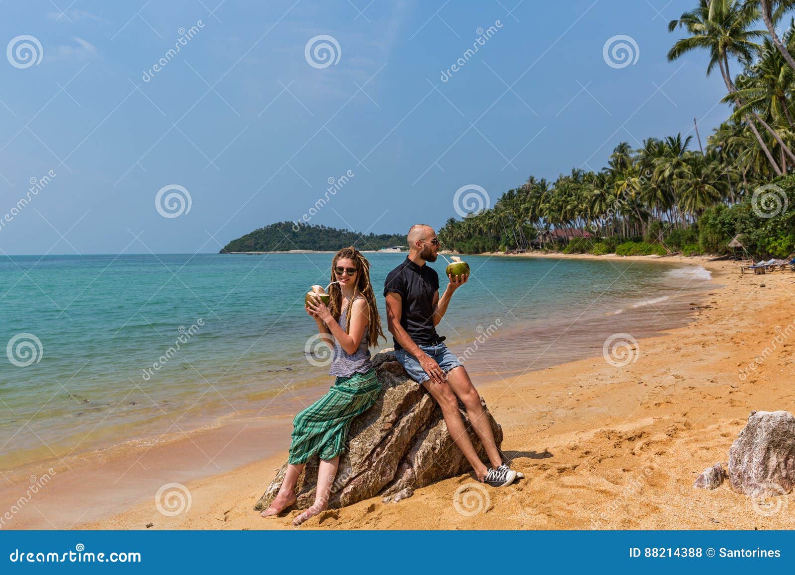 Couple Drinking Coconut Juice on the Beach Stock Photo Image of juice