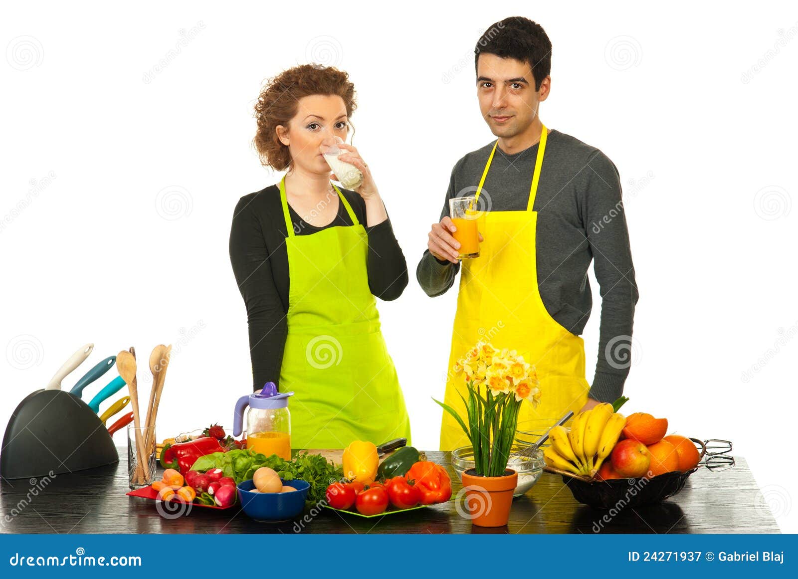 Couple Drinking Milk and Orange Juice Stock Image Image of beauty, cheerful 24271937