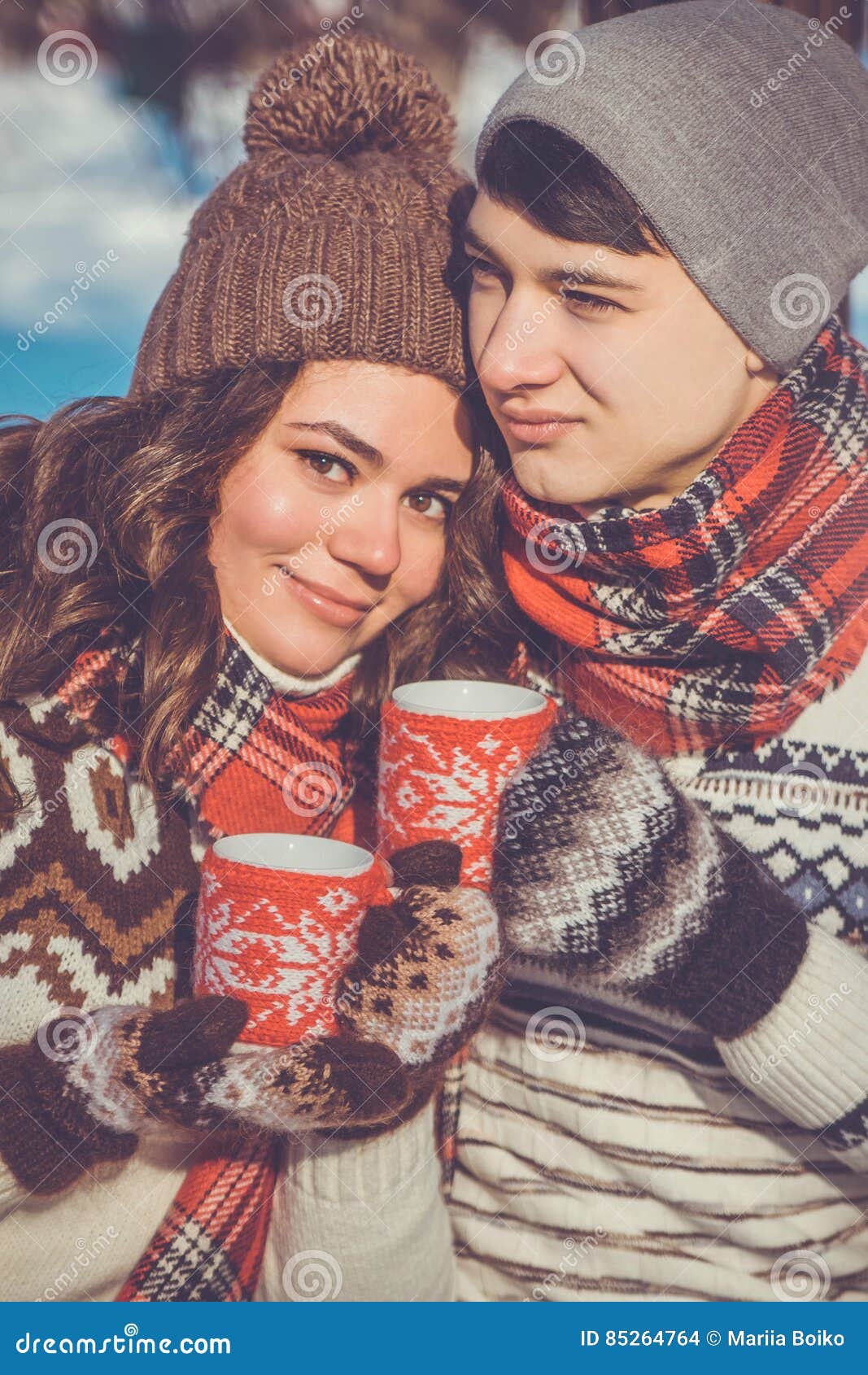 Couple Drinks Hot Tea in Winter Park Stock Photo Image of adult