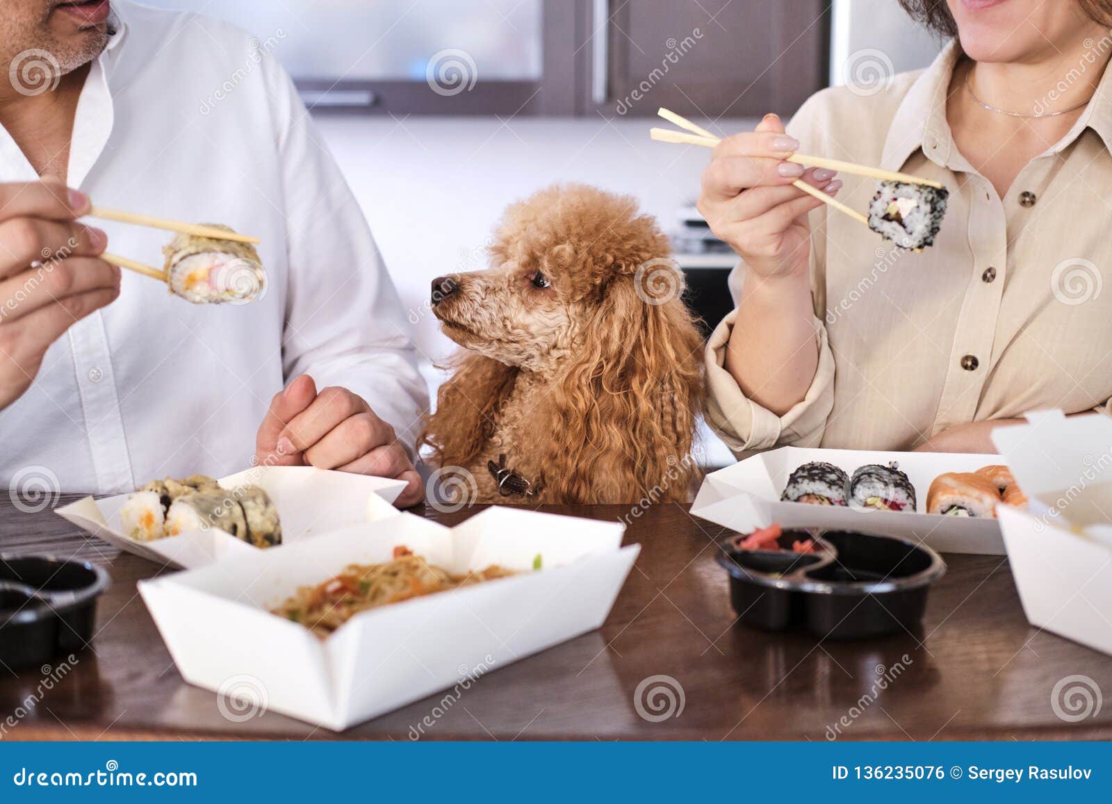 Couple Enjoy Japanese Thai Meal At Home Stock Photo I