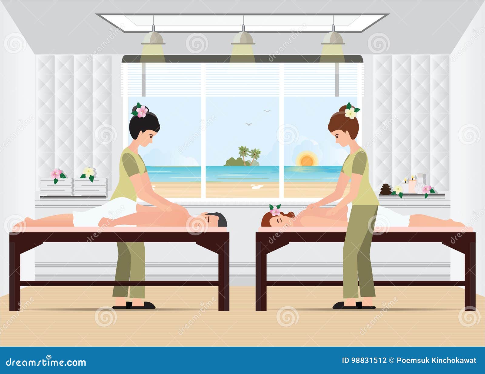 Couple Enjoying Full Body Massage Treatment From Masseur In A Sp Vector Illustration