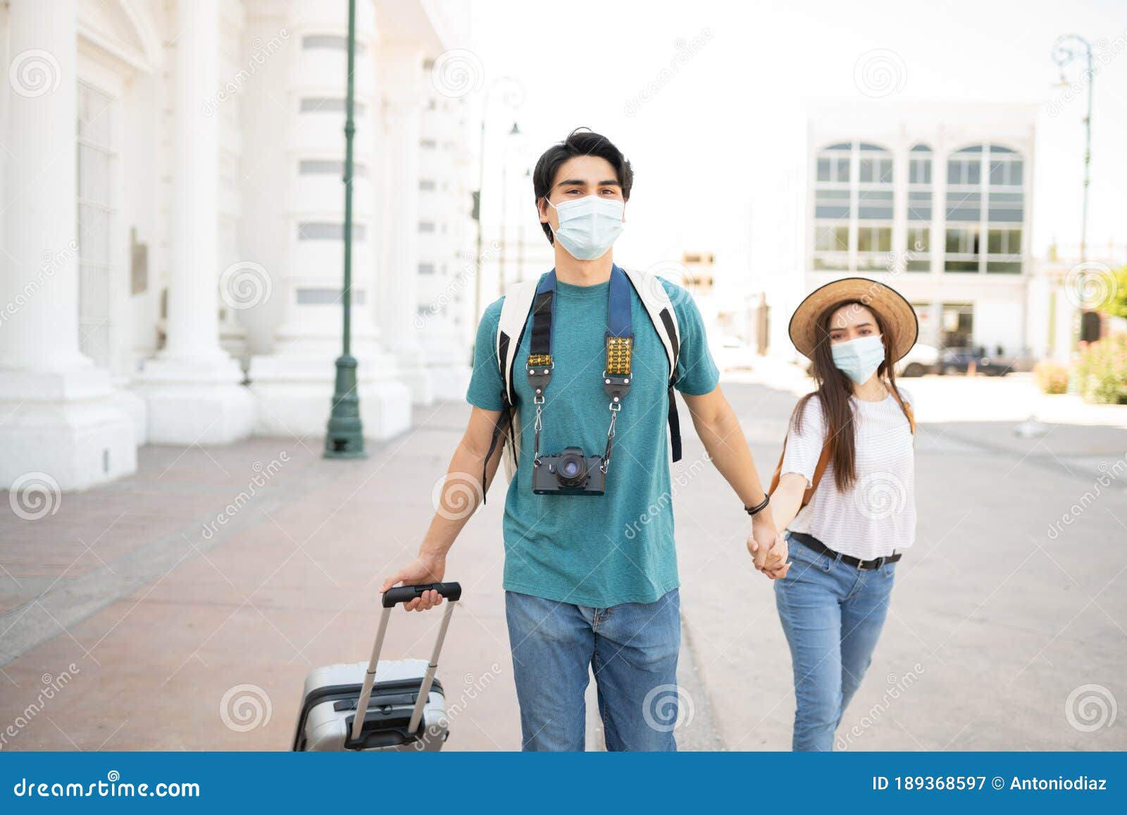 Couple in Face Masks on Vacation in City Stock Image - Image of luggage ...