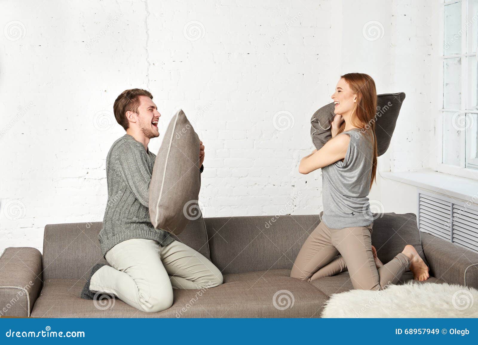 Couple Fighting with Pillows Stock Image Image of happiness, couple