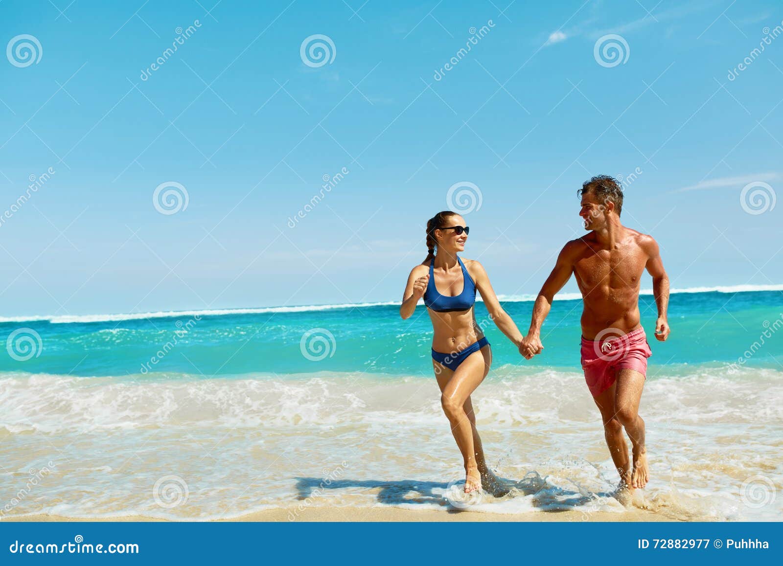 Couple Fun On Beach Romantic People In Love Running At Sea Stock Image