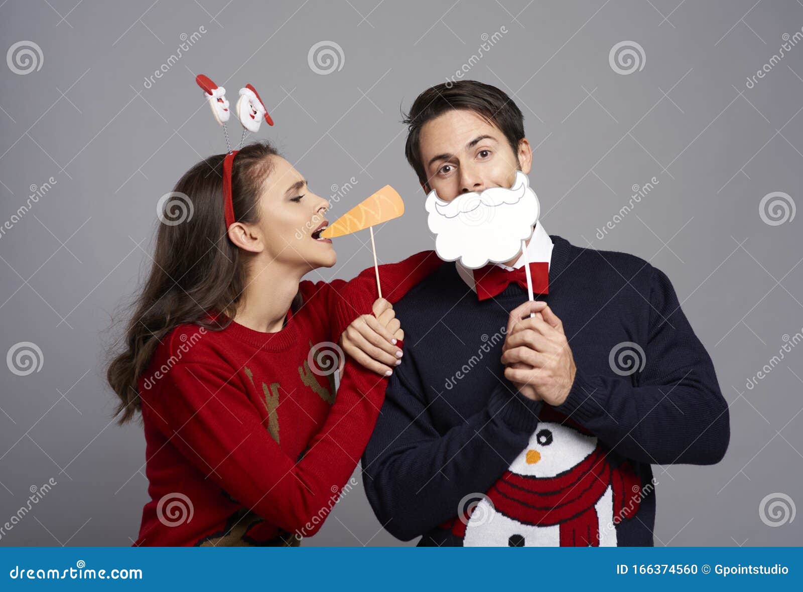 Couple with Funny Christmas Masks Stock Photo - Image of horizontal ...