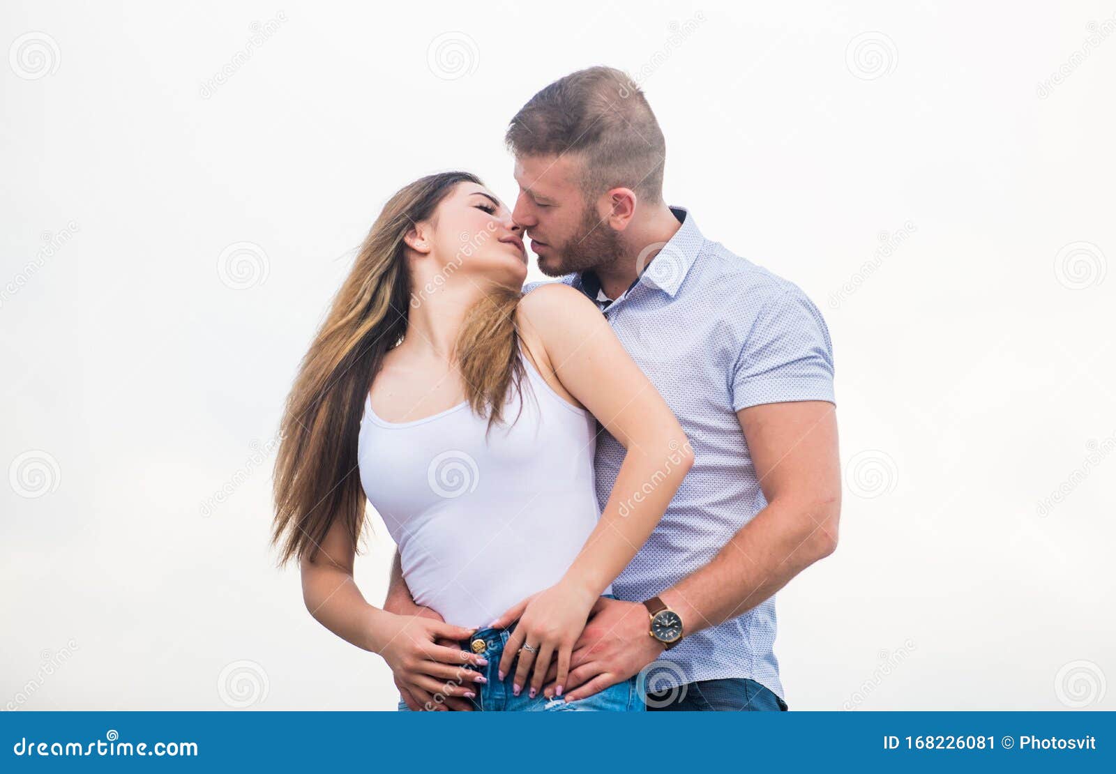 Couple Goals Concept. Man and Woman Cuddle Nature Background ...