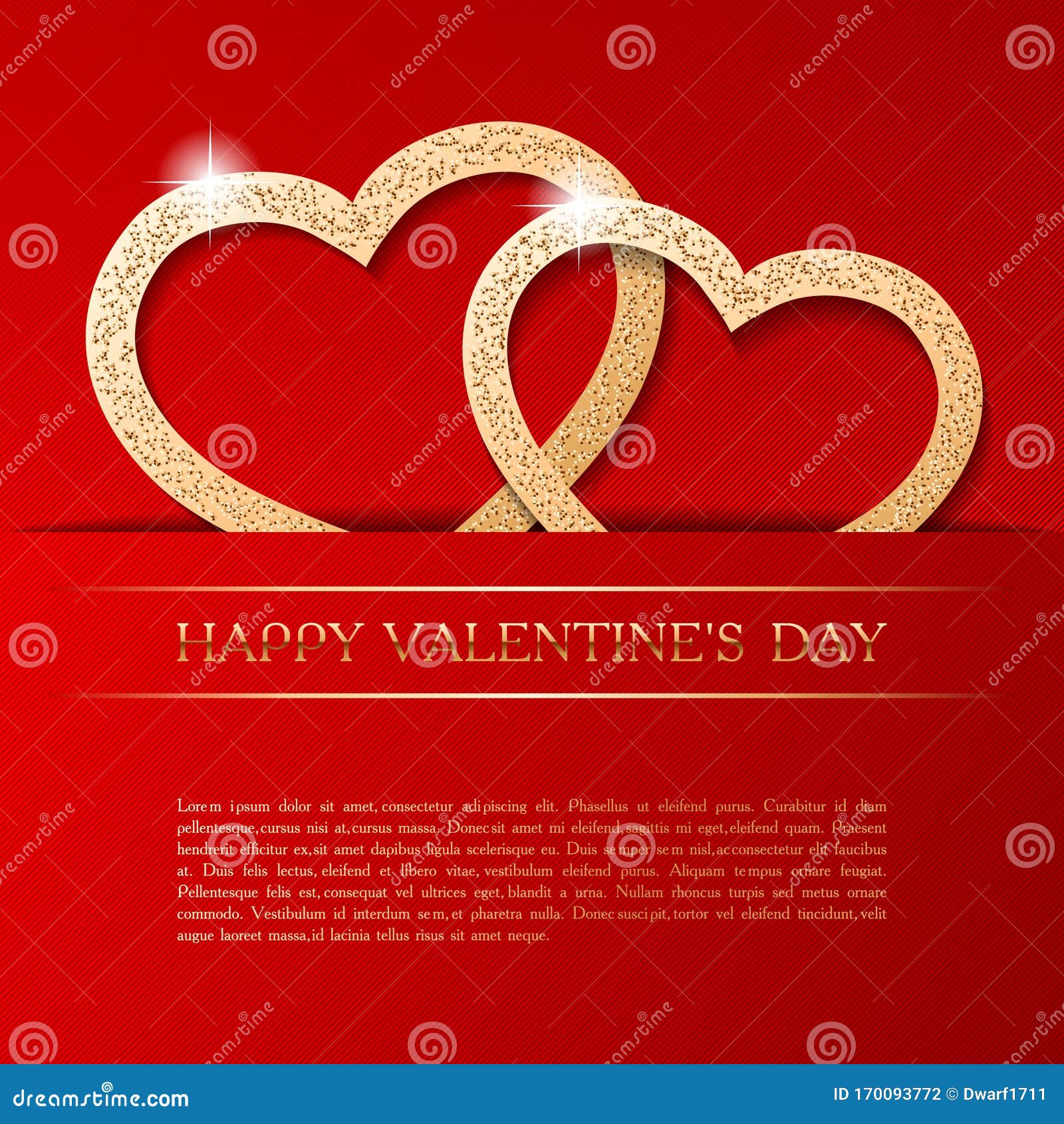 Couple of golden hearts on red striped background. Happy Velentines Day golden text. Cute card, banner, flyer, poster, voucher, greeting card, social network post vector template. 