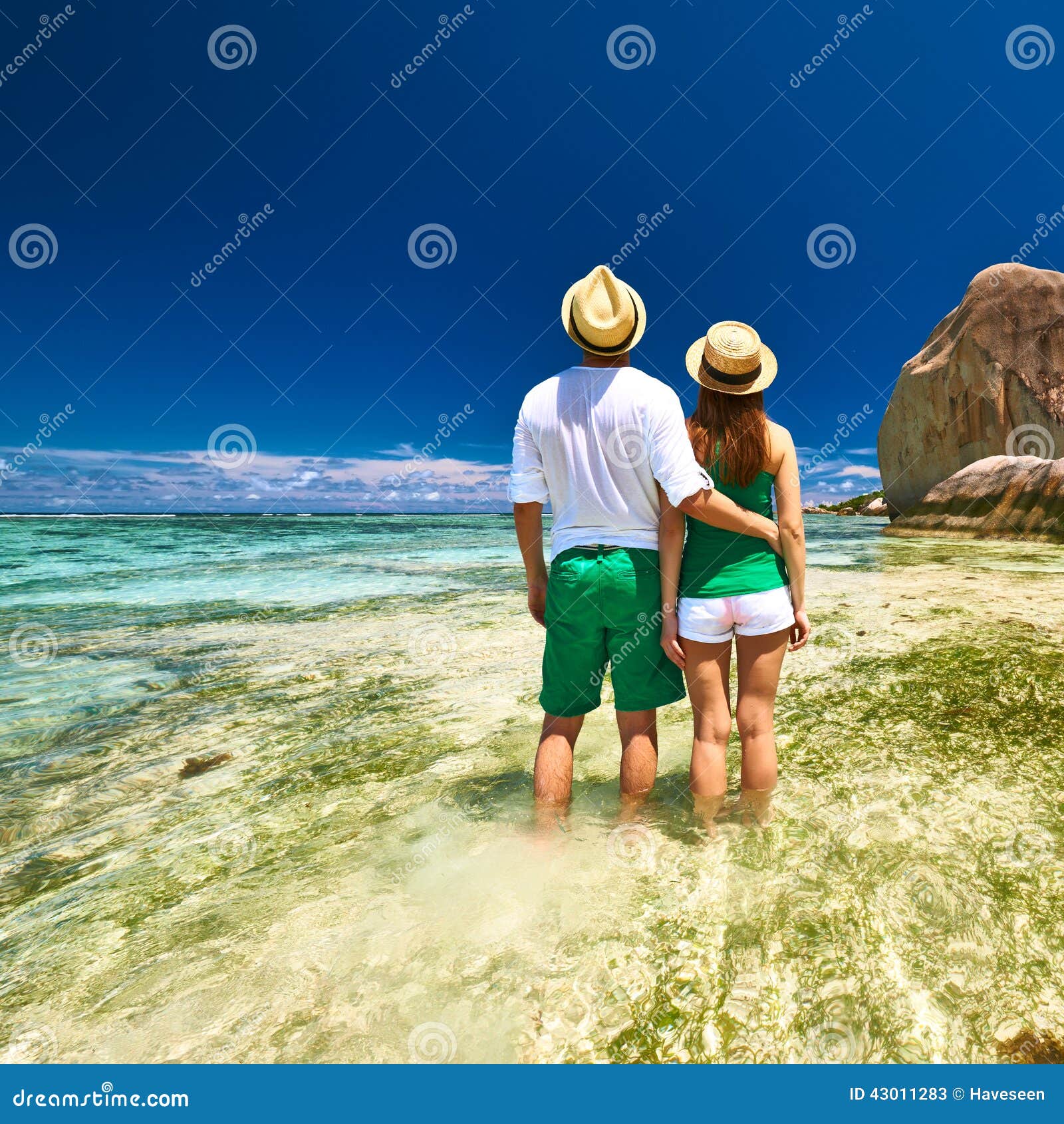 Couple in Green on a Beach at Seychelles Stock Image Image of couple