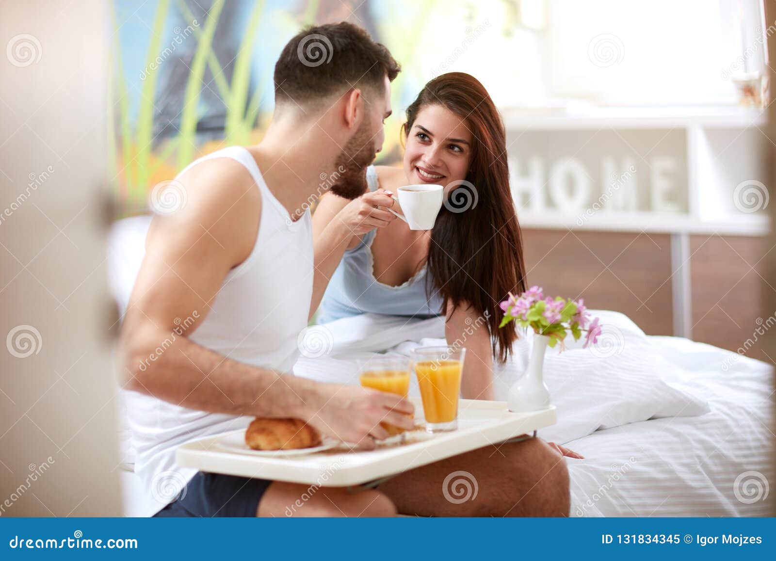 Couple Having Morning Breakfast in Bed Stock Image - Image of love ...