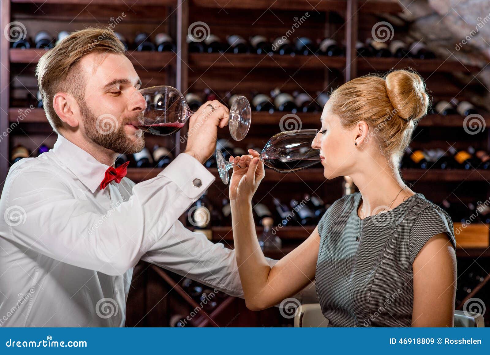 Couple Having Romantic Wine Tasting at the Cellar Stock Image Image