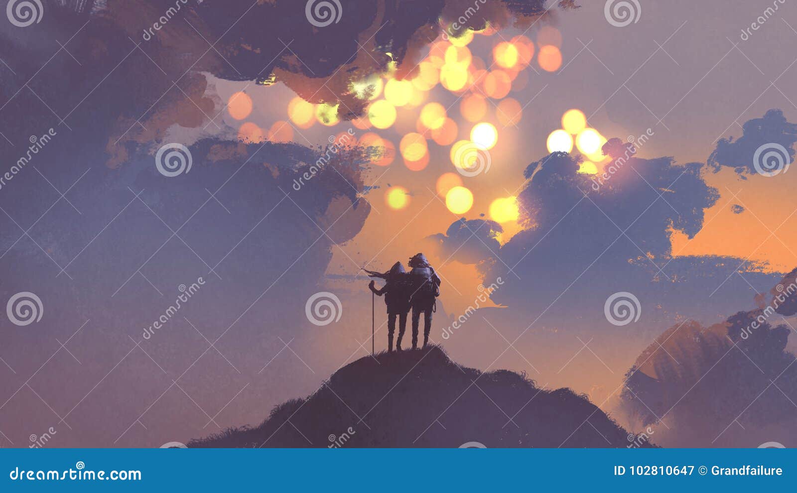 couple of hikers looking at many suns in the sky