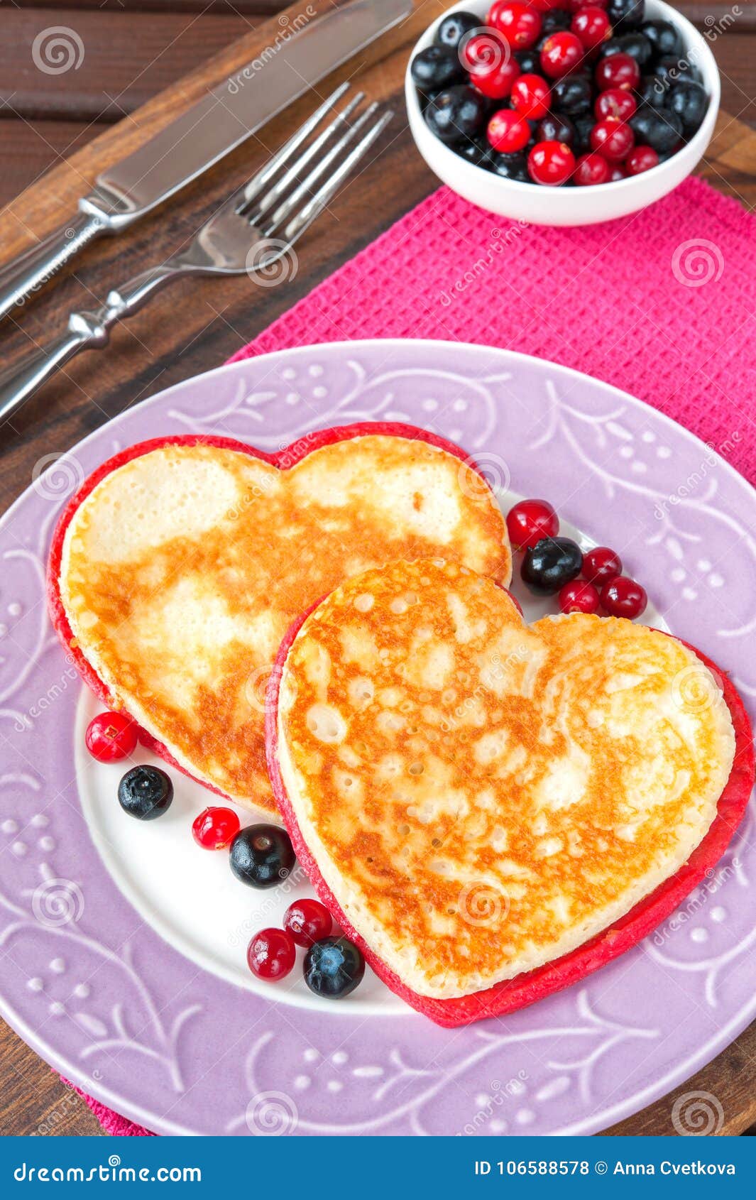 Couple of Homemade Colored Heart Shaped Pancakes with Berries Stock ...