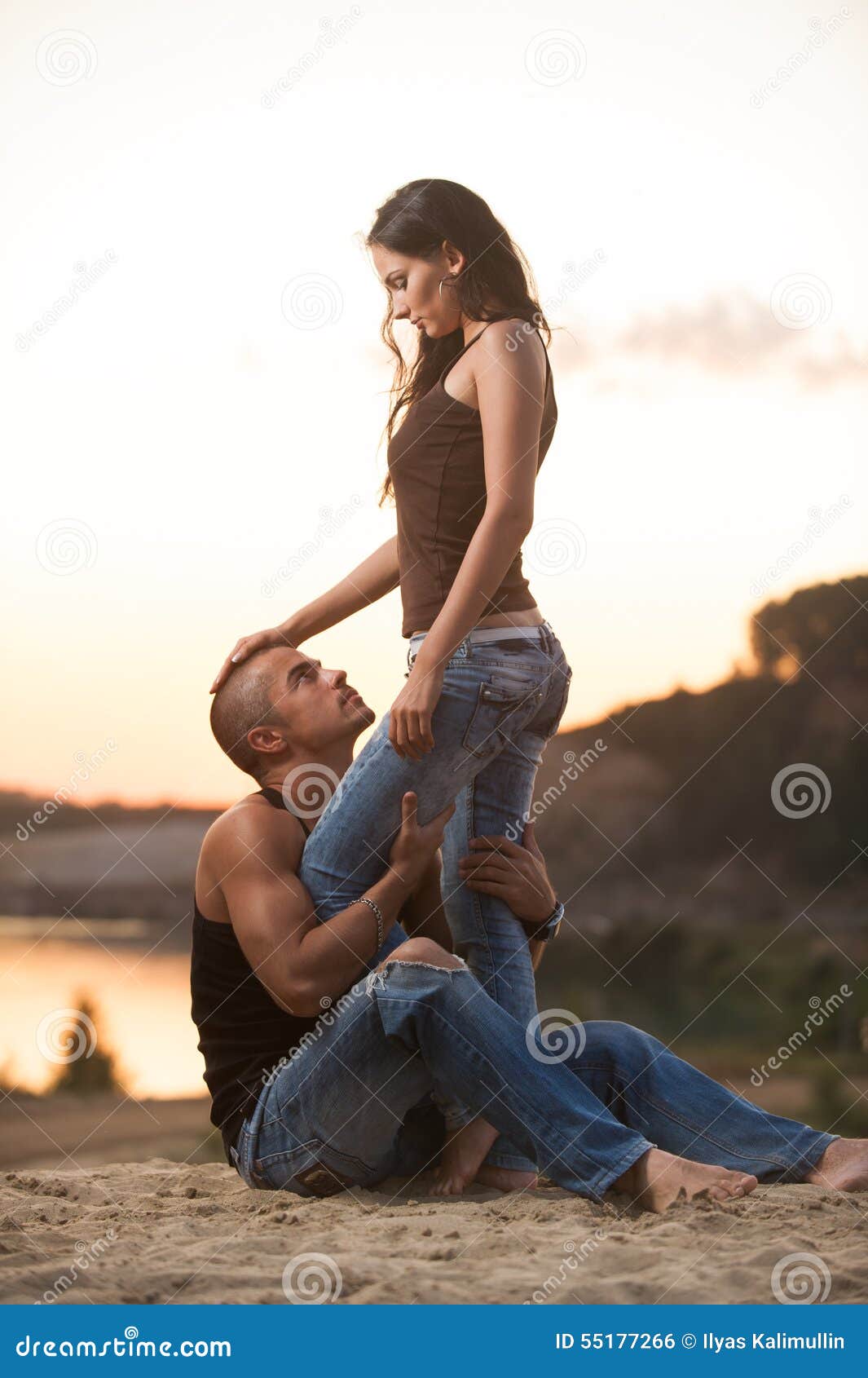 Couple in Jeans on the Beach Stock Photo Image of pretty, outdoors