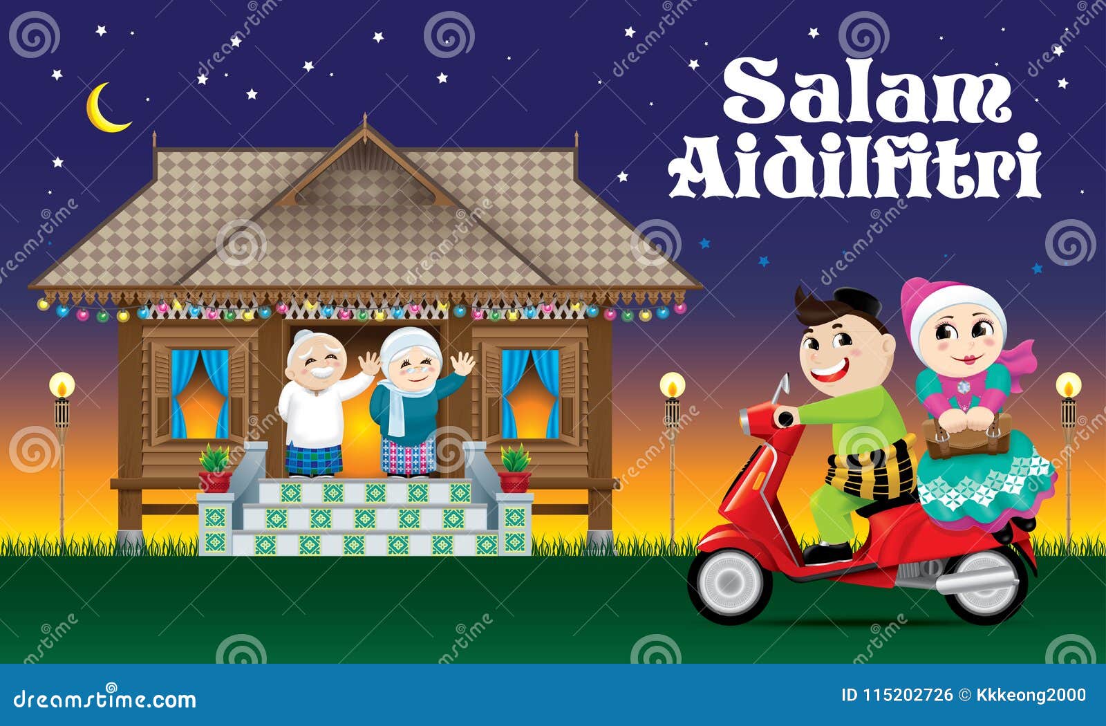 a couple is just arrive their home town, ready to celebrate raya festival with their parents. with village scene.