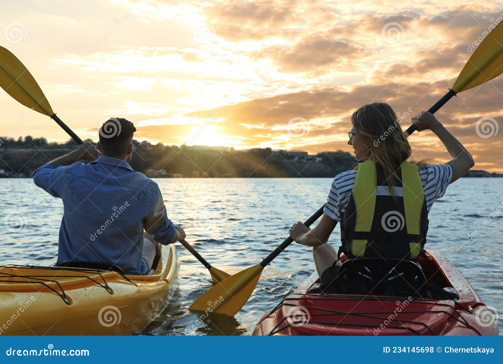 Couple Kayaking on River, Back View. Summer Activity Stock Photo