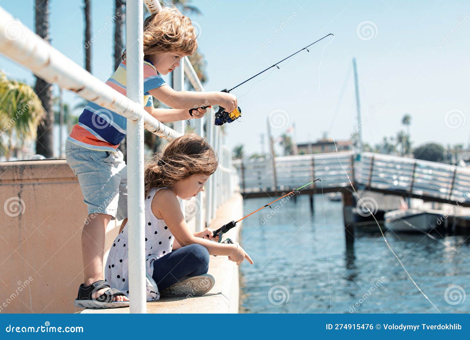 Couple of Kids Fishing on Pier. Child at Jetty with Rod. Boy and