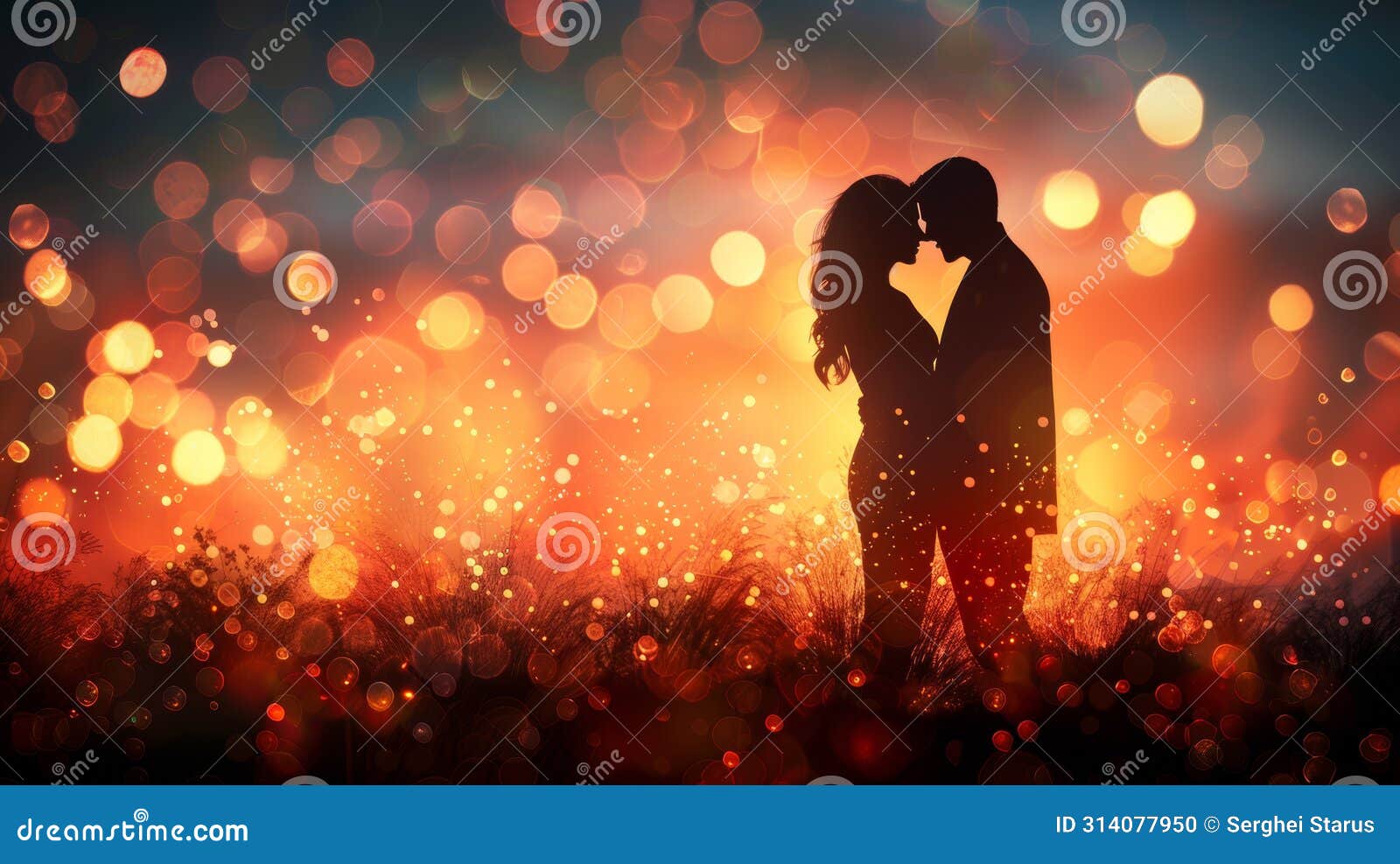 A Couple Kissing in Front of a Field with Lights AI Stock Illustration
