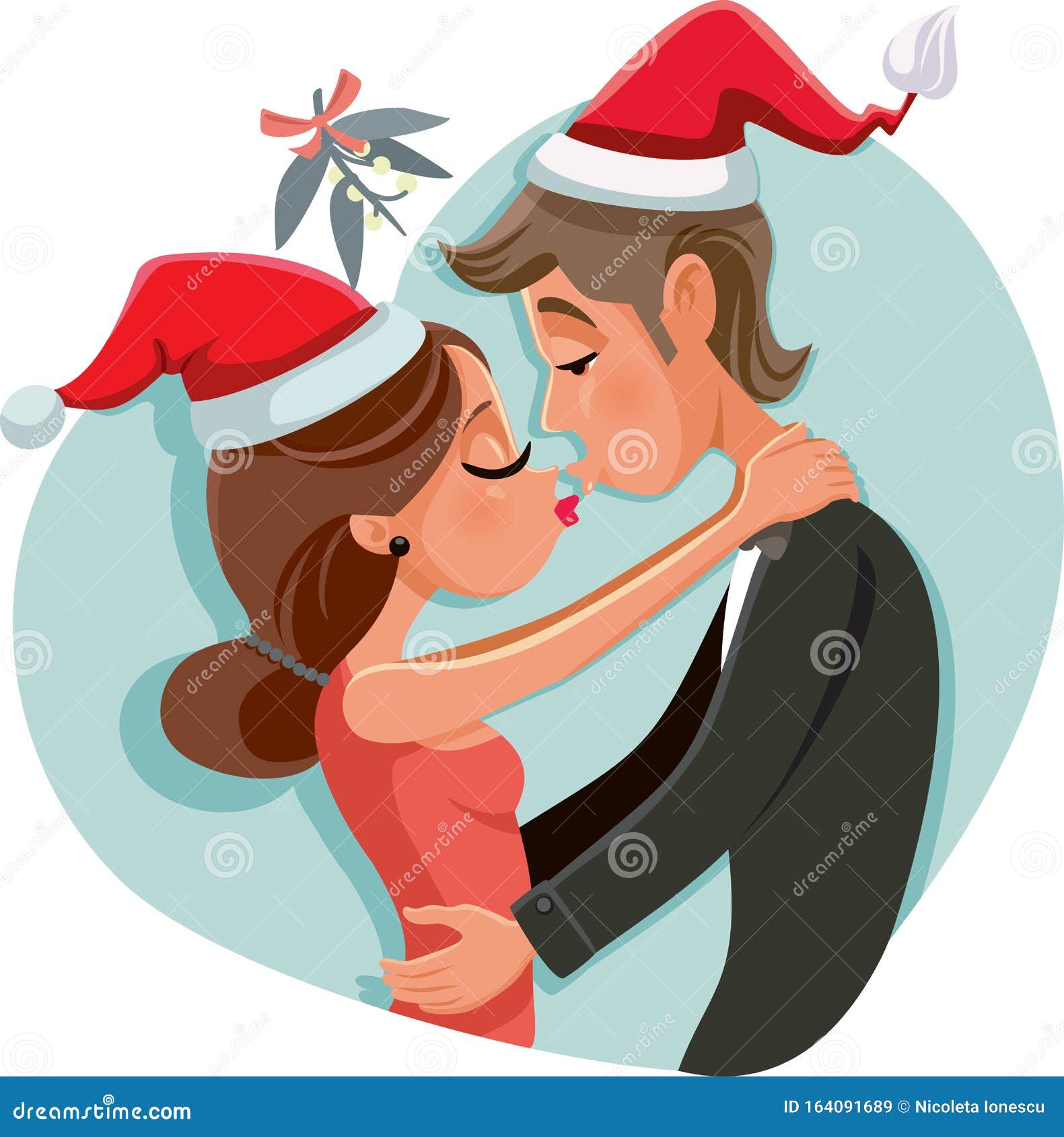 Couple Kissing Under Christmas Mistletoe Vector Illustration Stock
