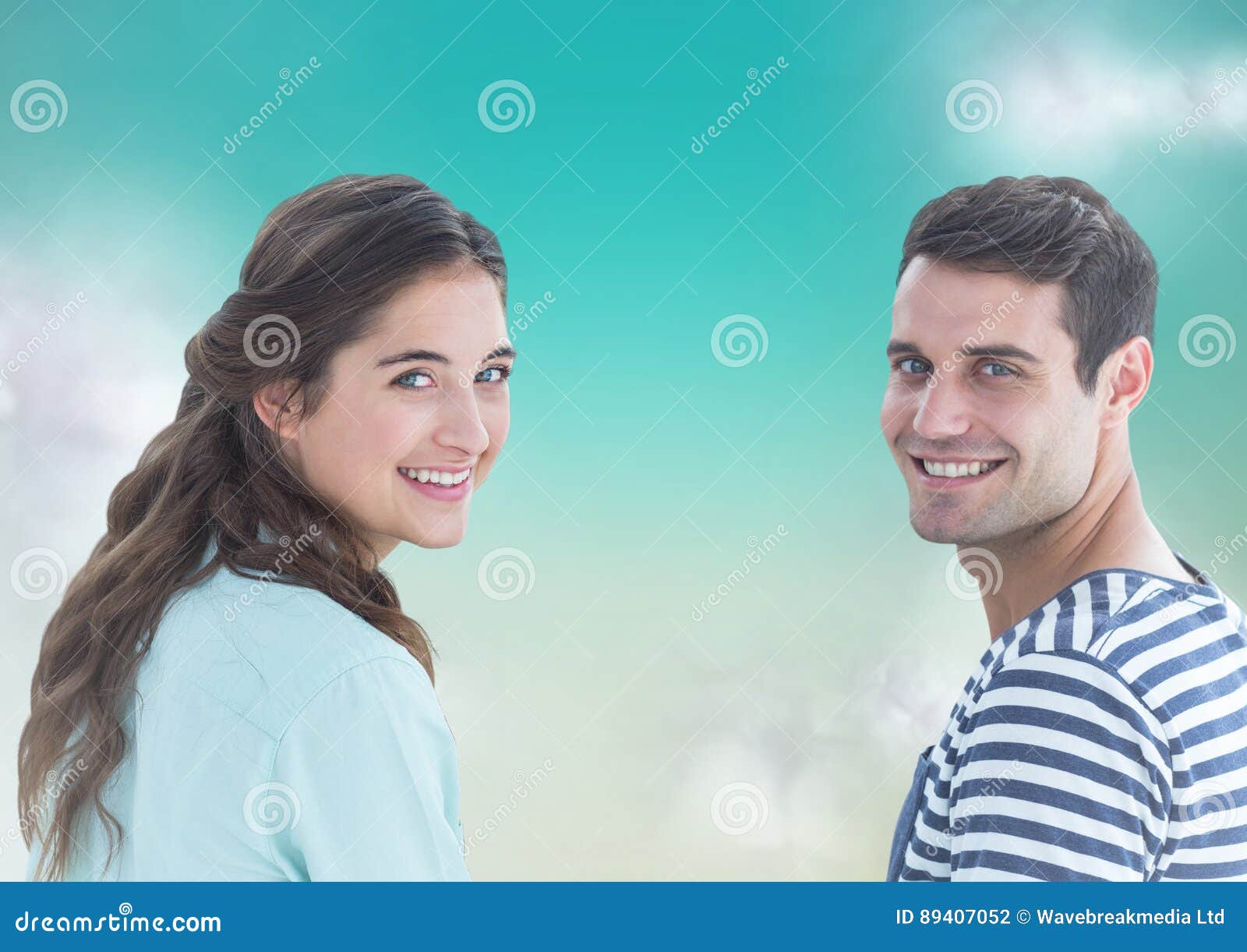 Couple Looking Over Shoulders Against Blue Green Background with Clouds ...